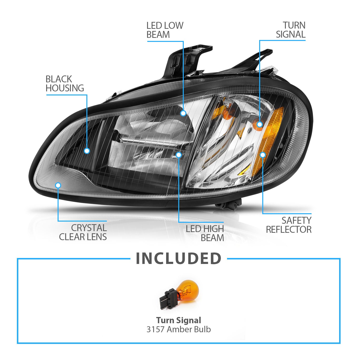 FREIGHTLINER M2 02-14 H.L LED HIGH/LOW BEAM BLACK HOUSING AMBER REFLECTOR