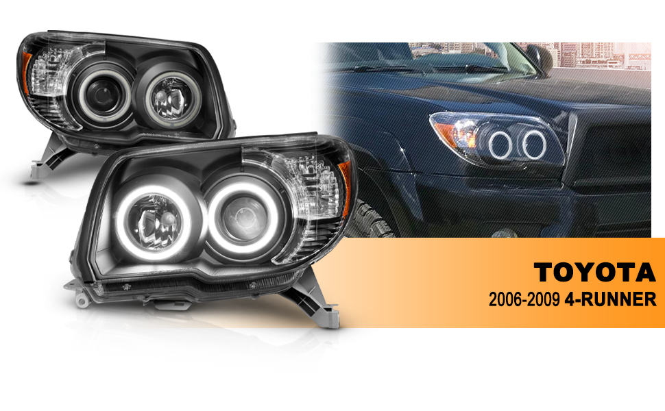 TOYOTA 4 RUNNER 06-09 PROJECTOR HEADLIGHTS BLACK CLEAR (RX HALO) AMBER