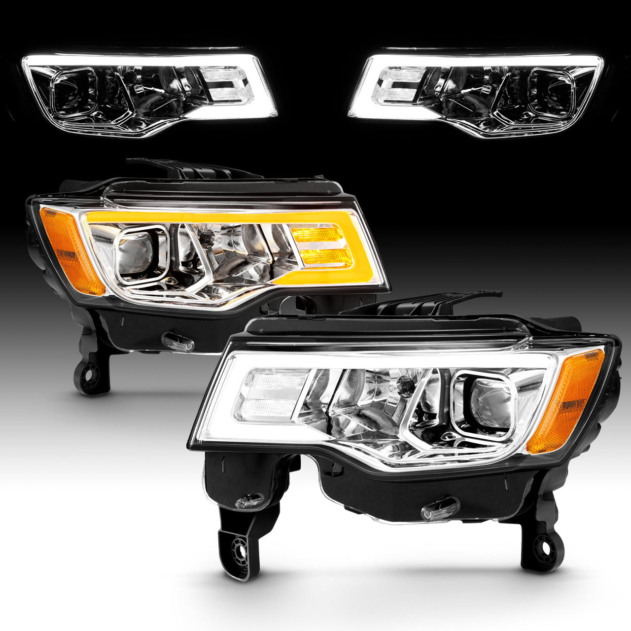 JEEP GRAND CHEROKEE 17-18 HEADLIGHTS PROJECTOR LIGHT BAR STYLE SWITCHBACK HEADLIGHTS CHROME AMBER