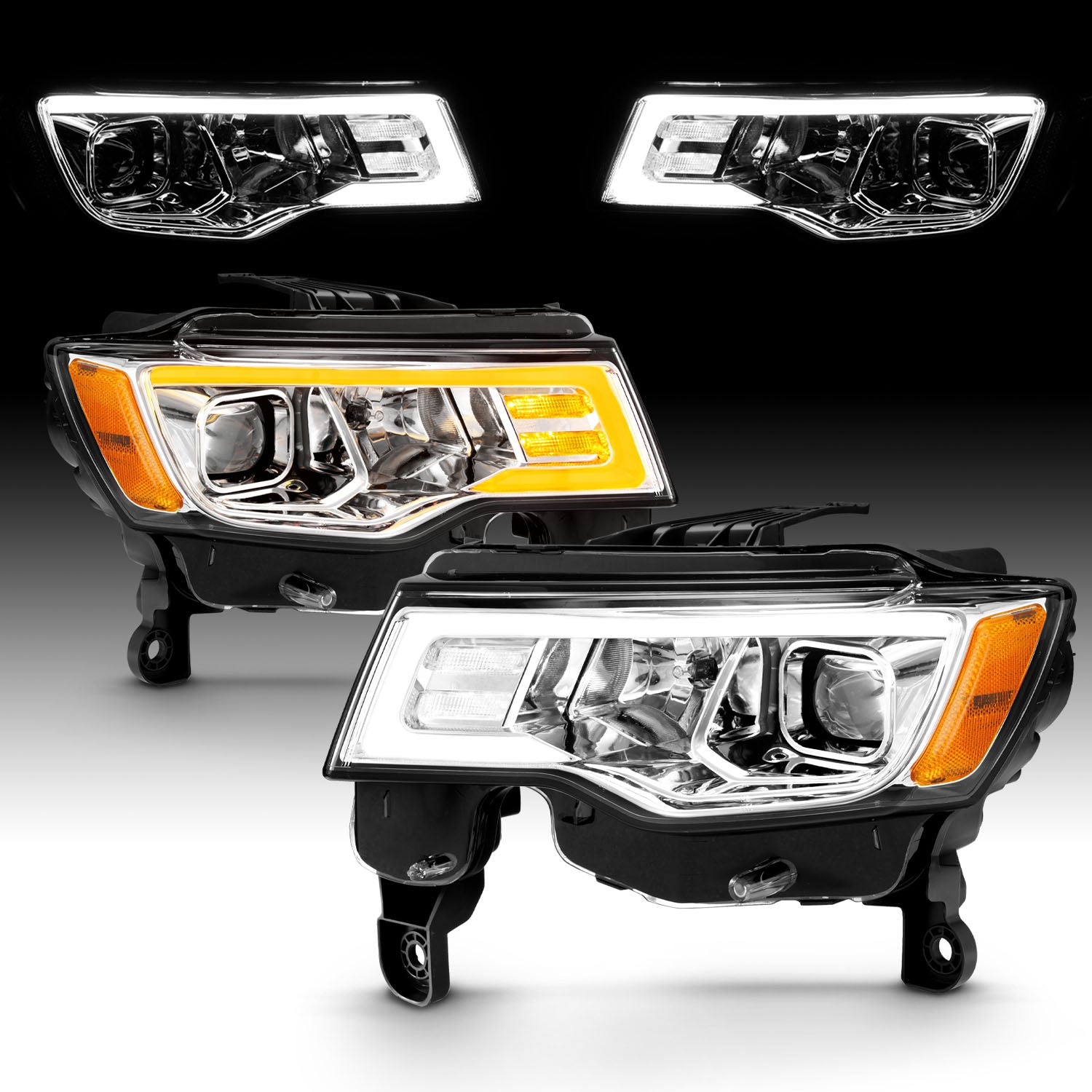 JEEP GRAND CHEROKEE 17-18 HEADLIGHTS PROJECTOR LIGHT BAR STYLE SWITCHBACK HEADLIGHTS CHROME AMBER