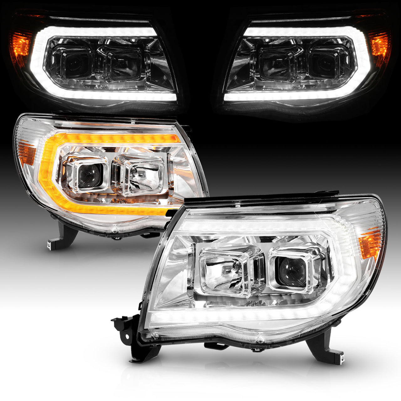TOYOTA TACOMA 05-11 PROJECTOR SEQUENTIAL LIGHT BAR STYLE HEADLIGHTS CHROME AMBER  (W/ C LIGHT BAR)