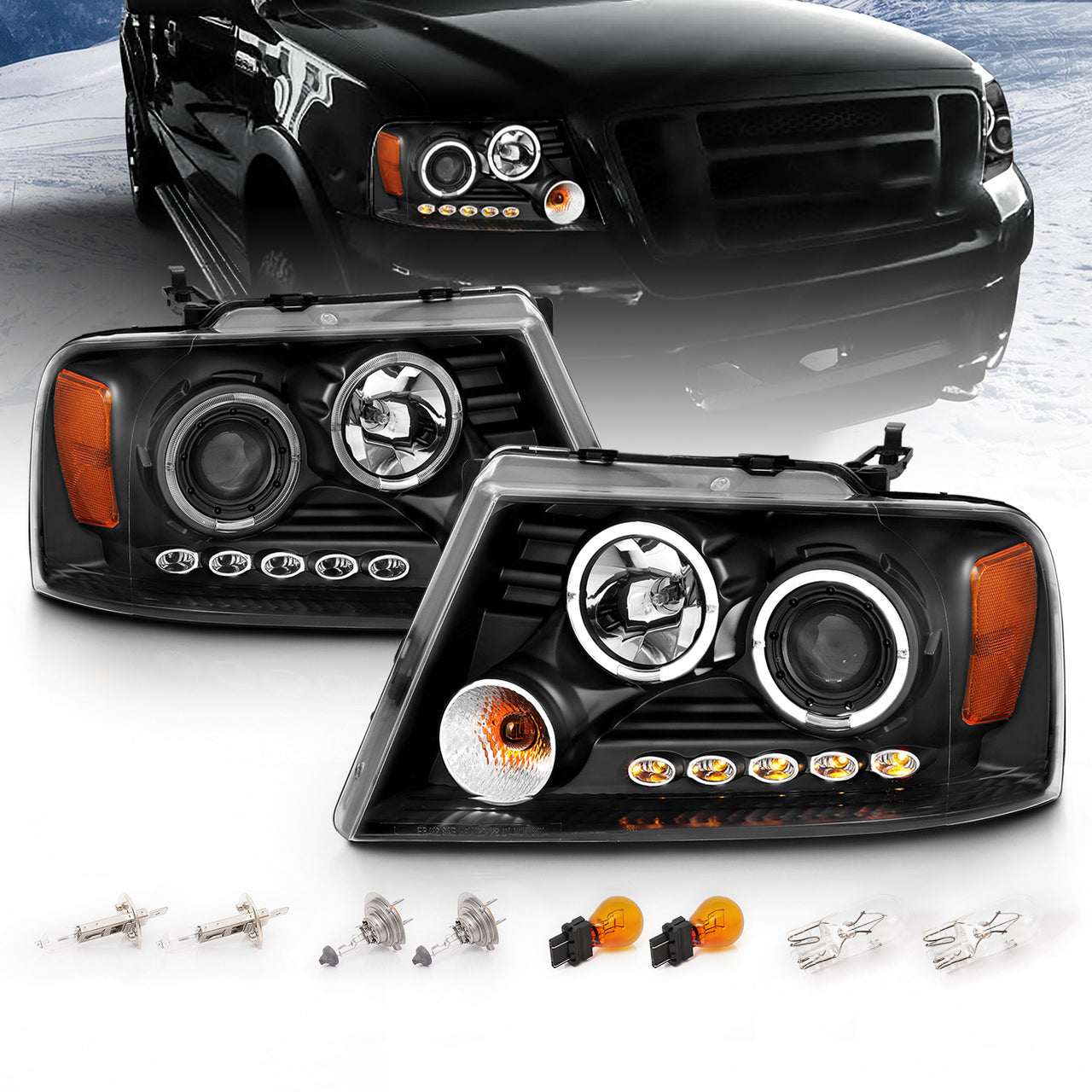 FORD F-150 04-08 PROJECTOR HEADLIGHTS 2 HALO LED BLACK CLEAR AMBER