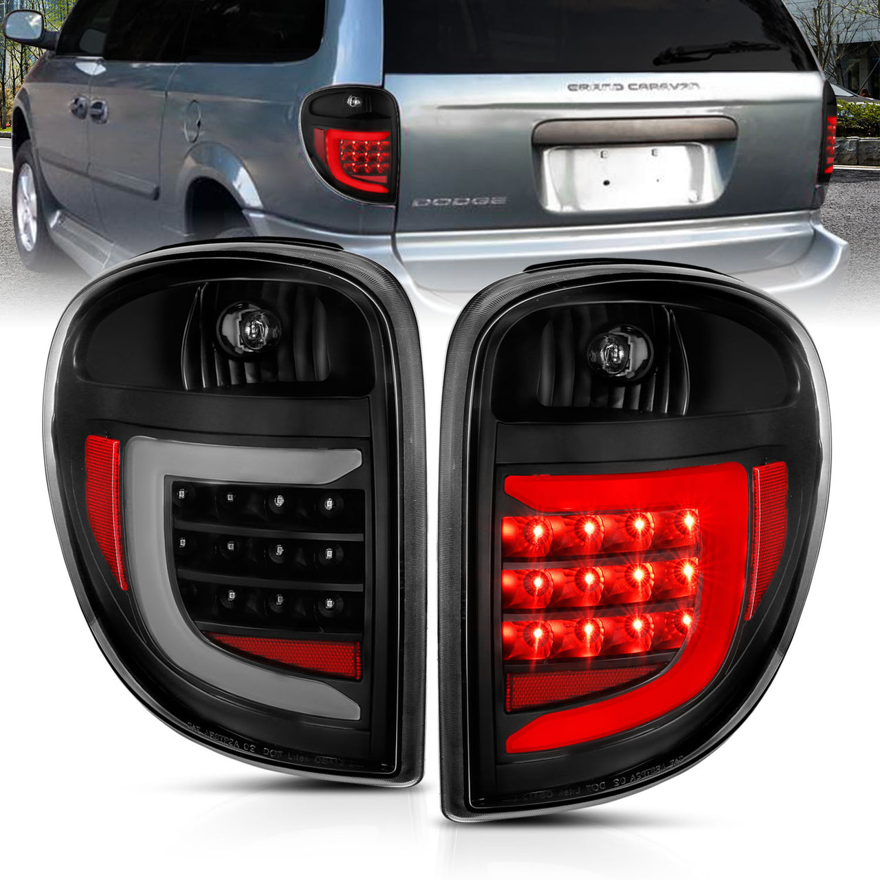 DODGE GRAND CARAVAN; CRYSLER TOWN&COUNTRY 04-07 L.E.D T.L BLACK HOUSING CLEAR LENS W/ C LIGHT BAR
