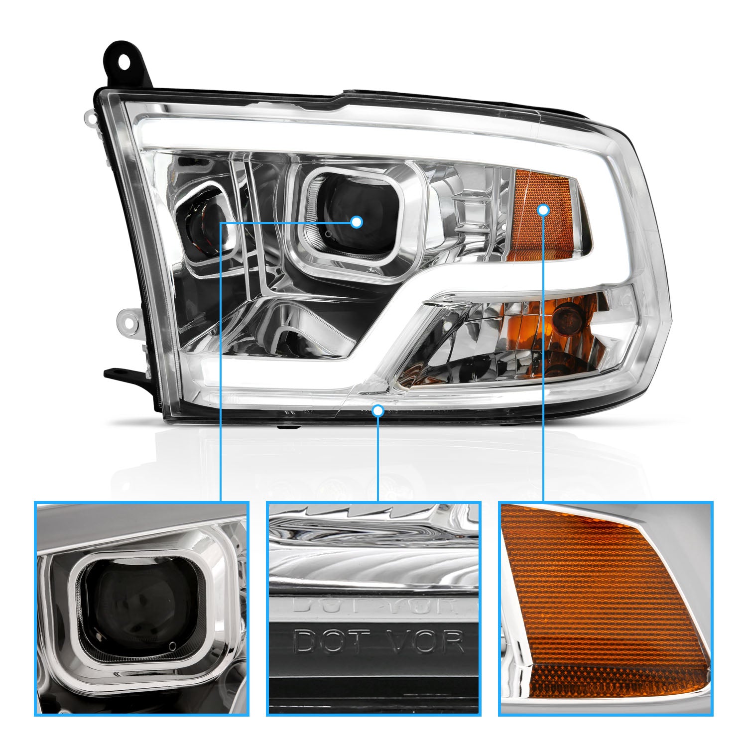 DODGE RAM 09-17 PROJECTOR LIGHT BAR STYLE HEADLIGHTS CHROME CLEAR AMBER
