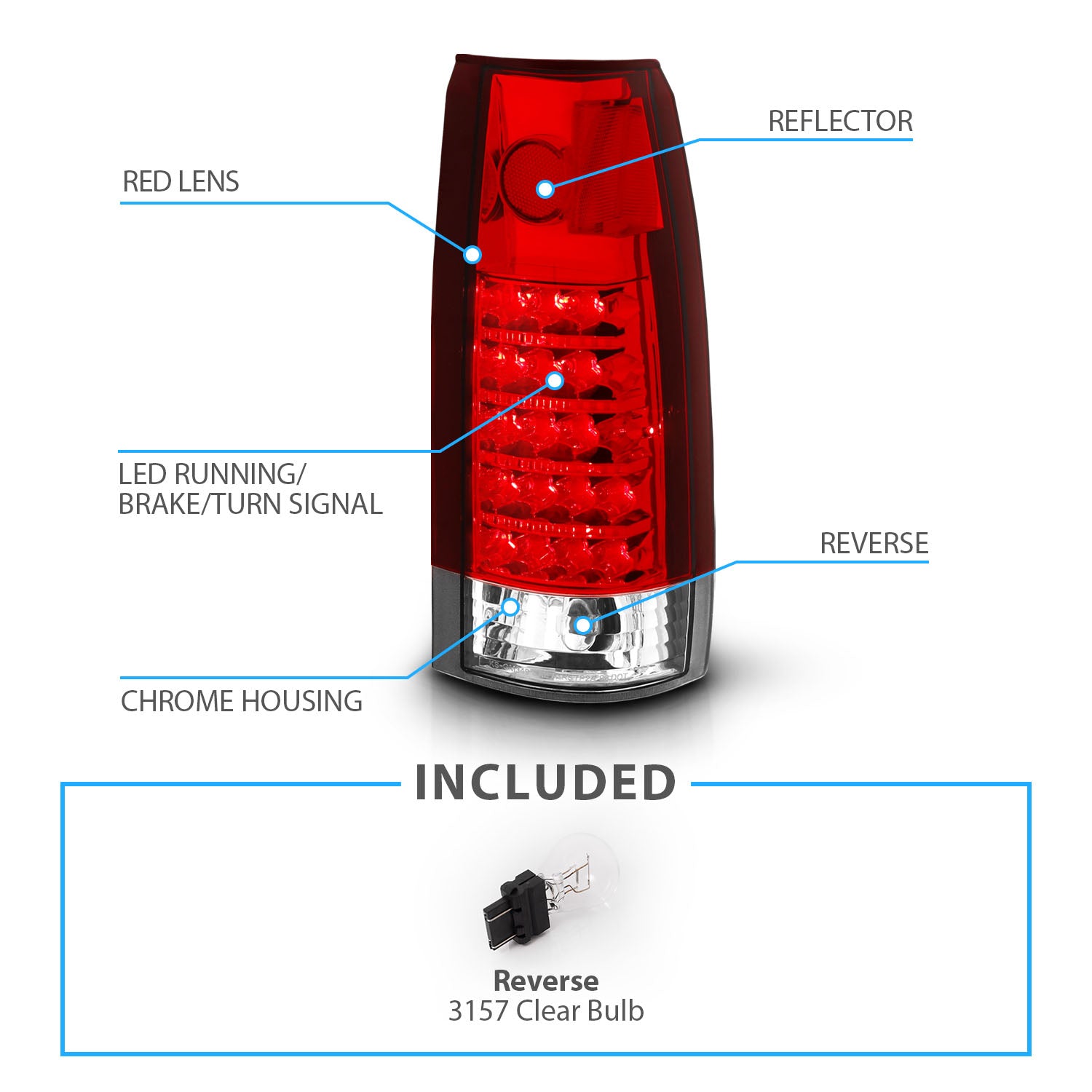 CHEVY /GMC C/K 1500/2500/3500 88-99, SUBURBAN/YUKON 92-00, TAHOE 94-00, BLAZER 92-94, CADILLAC ESCALADE 99-00 LED TAIL LIGHTS CHROME HOUSING RED/CLEAR LENS
