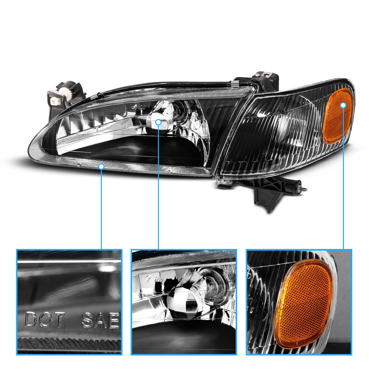 TOYOTA COROLLA 98-00 CRYSTAL HEADLIGHTS BLACK AMBER W/ CORNER LIGHTS
