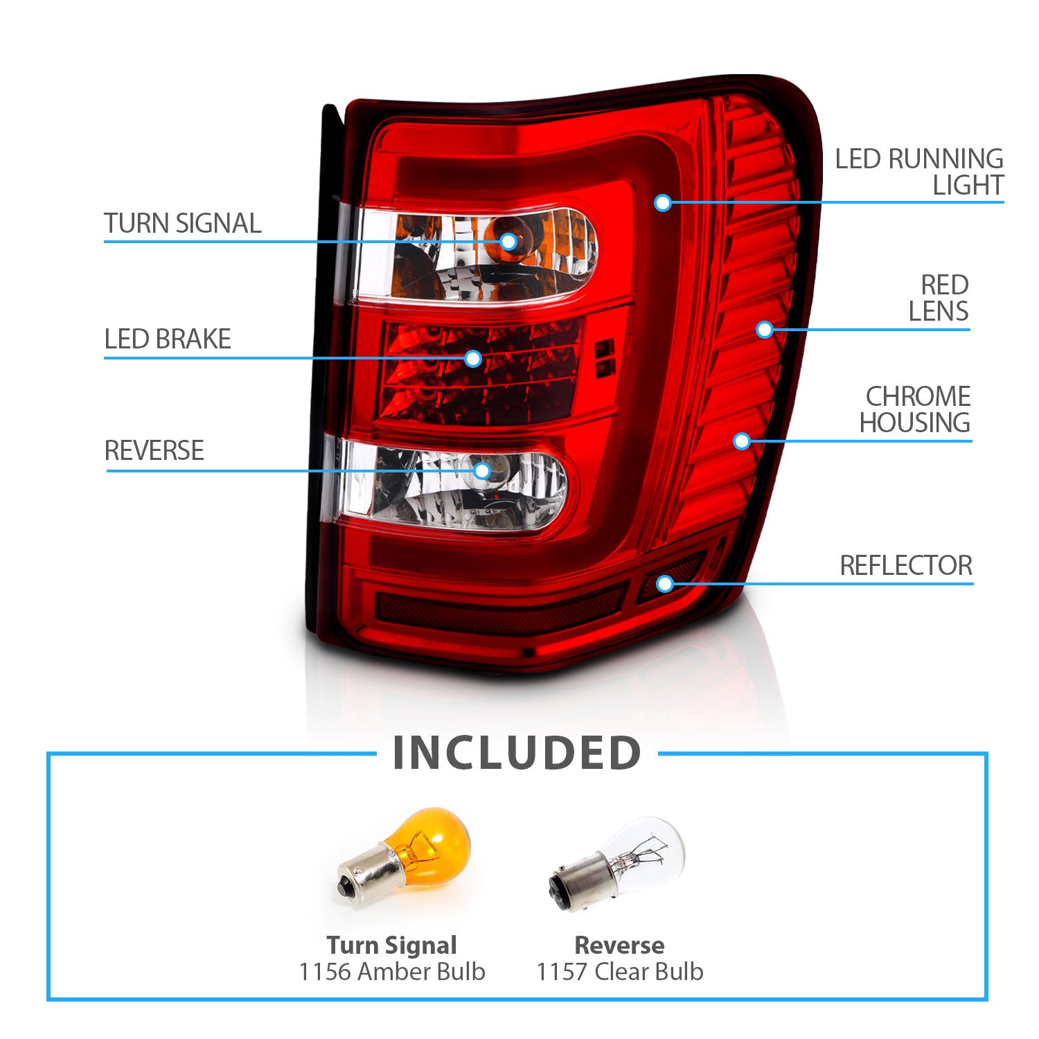 JEEP GRAND CHEROKEE 99-04 LED TAIL LIGHTS RED/CLEAR W/ C LIGHT BAR