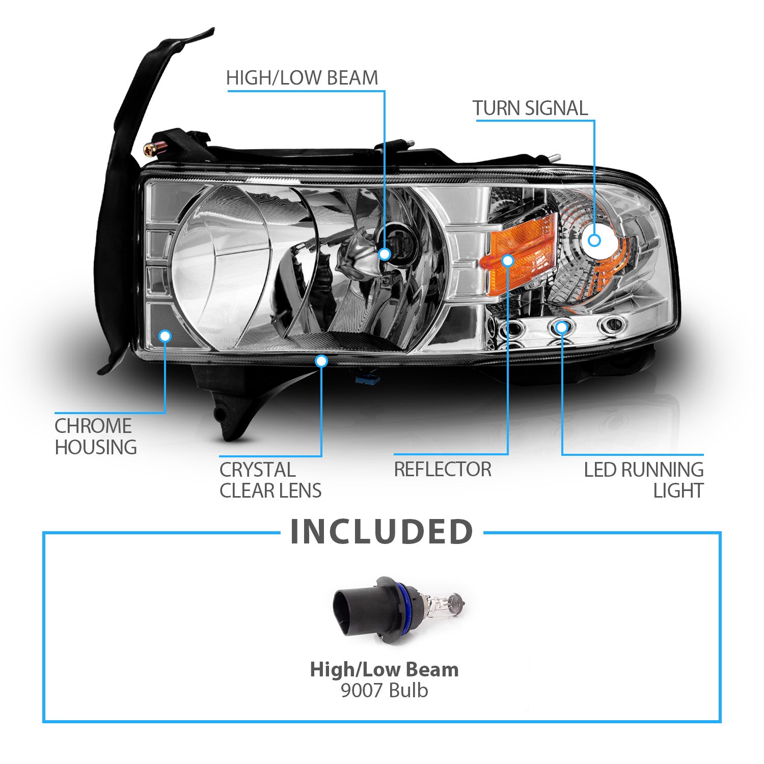 DODGE RAM 94-01 CRYSTAL HEADLIGHTS CHROME W/ LED AMBER