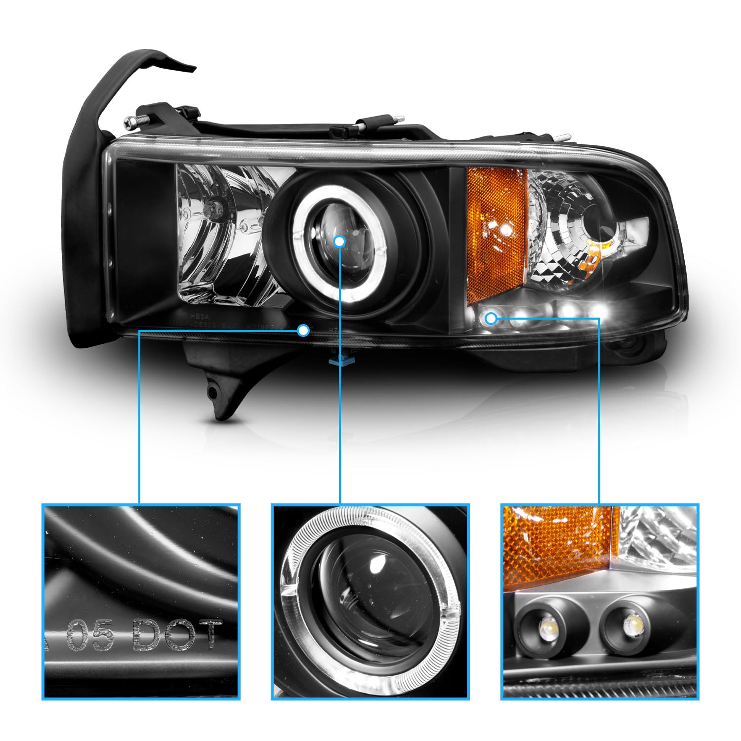 DODGE RAM 94-01 PROJECTOR HEADLIGHTS HALO BLACK CLEAR AMBER