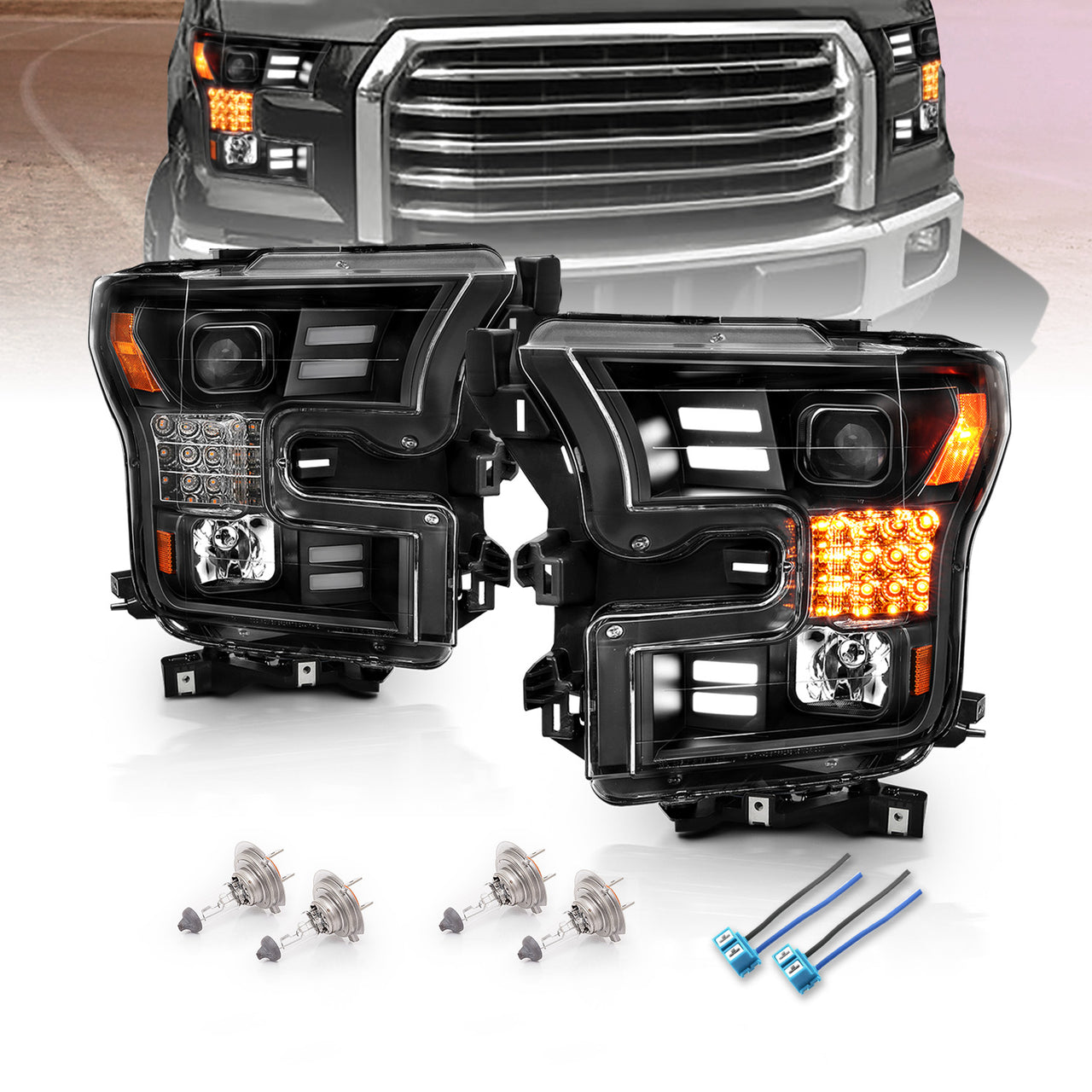 FORD F-150 15-17 PROJECTOR LIGHT BAR STYLE HEADLIGHTS BLACK AMBER (SEQUENTIAL SIGNAL)
