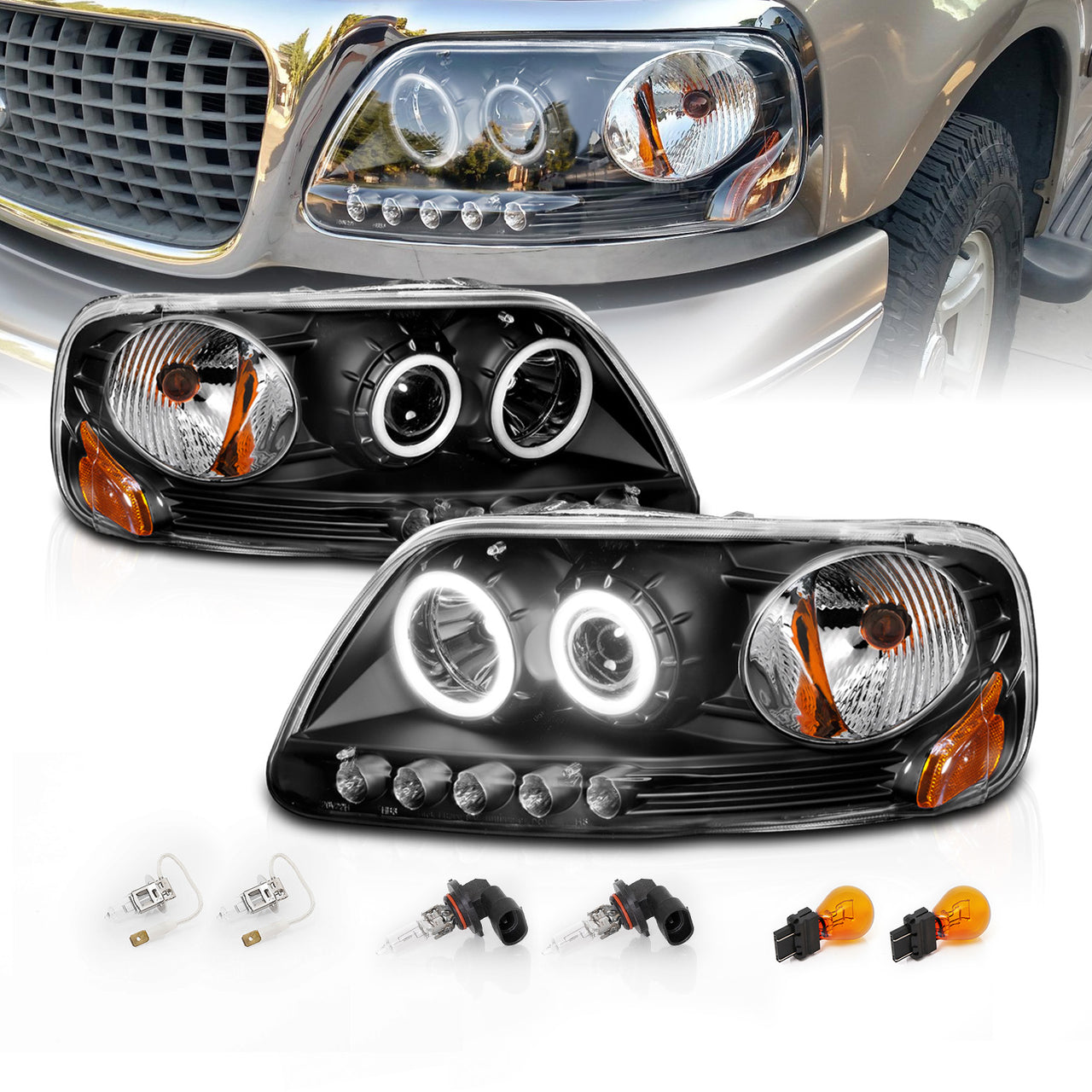FORD F-150 97-04 (01-04: XL/XLT/LARIAT MODEL: W/O STX OR HERITAGE EDITION) PROJECTOR HEADLIGHTS HALO LED BLACK CLEAR AMBER (RX HALO)