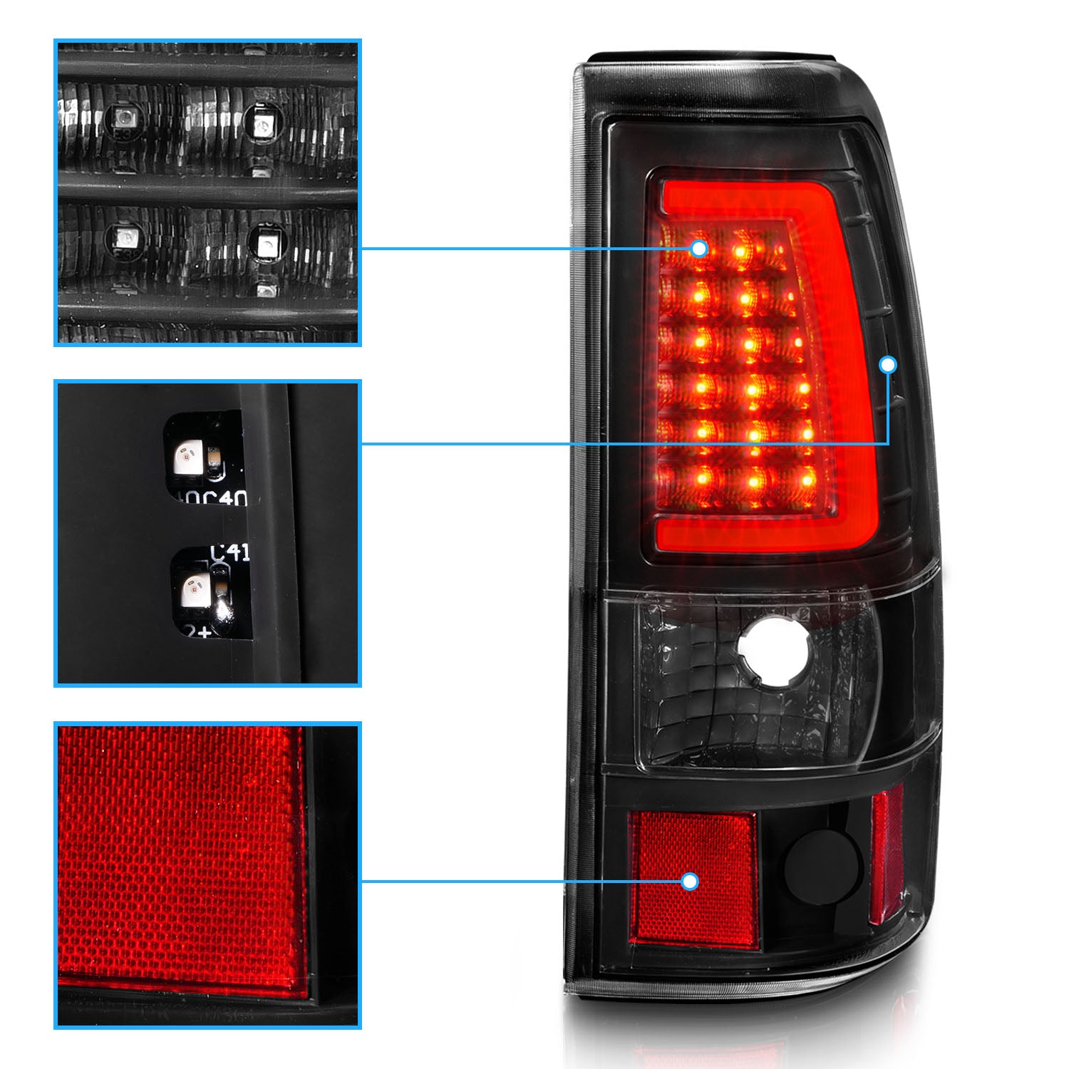 GMC SIERRA 99-07/CHEVY SILVERADO 99-03 (1500/2500 SERIES 99-02 & 3500 SERIES 2003) LED TAIL LIGHTS BLACK HOUSING CLEAR LENS  W/ C LIGHT BAR (3 HOLE)