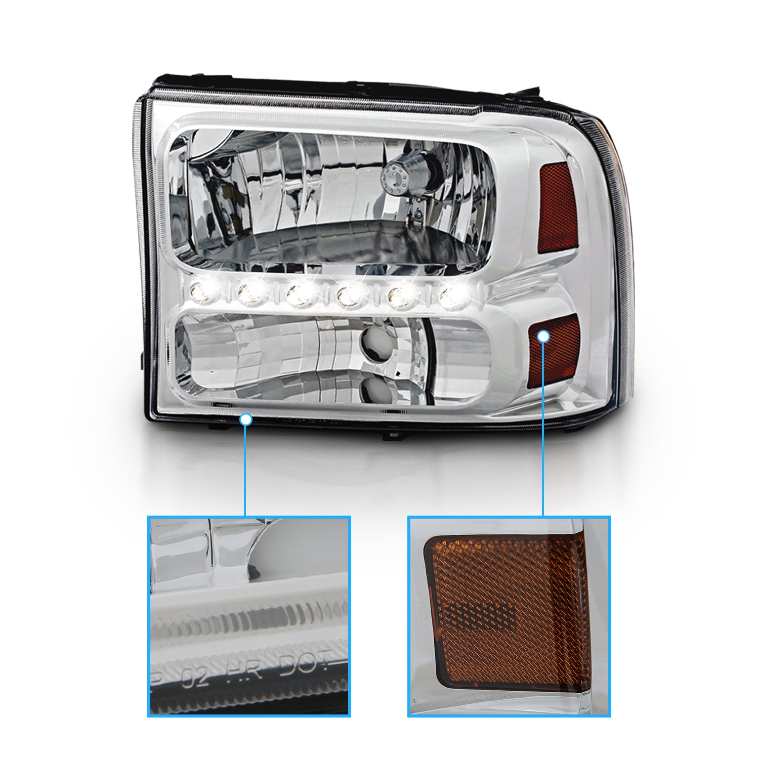 FORD EXCURSION 00-04/SUPER DUTY 99-04 HEADLIGHTS CHROME 1PC AMBER (W/ LED)
