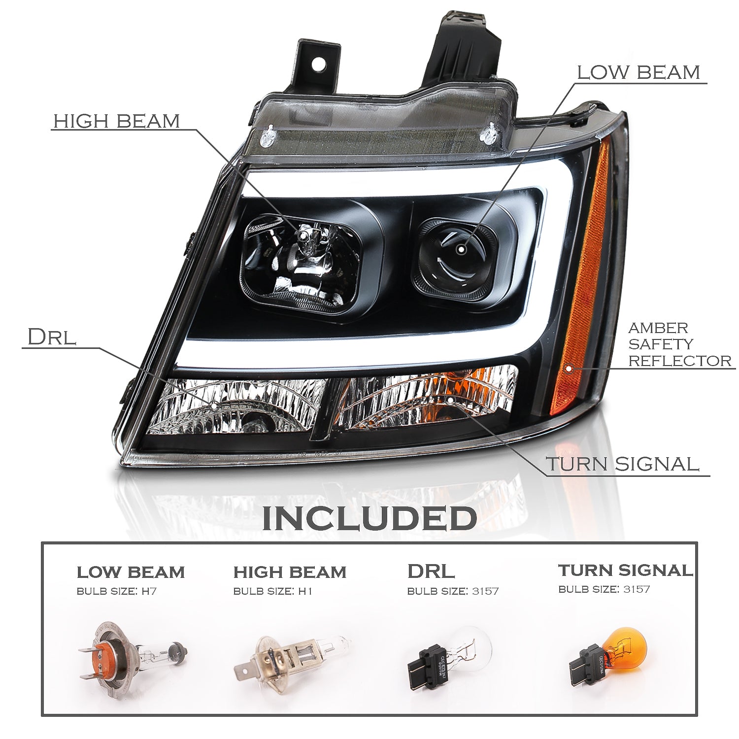 CHEVY TAHOE/SUBURBAN/AVALANCHE 07 PROJECTOR HEADLIGHTS G2 BLACK CLEAR AMBER
