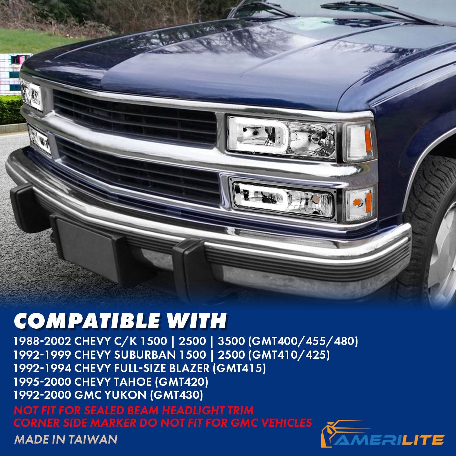 CHEVY CK / C10 /SILVERADO/ TAHOE / SUBURBAN/BLAZER 94-98 HEADLIGHTS  W/ SIGNAL & SIDE MARKERS (8PCS) SET CHROME HOUSING CLEAR LENS W/ C LIGHT BAR