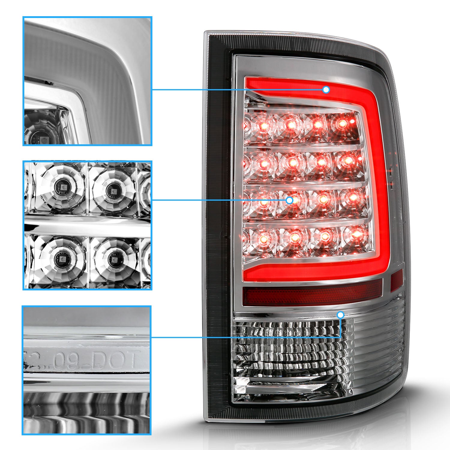 DODGE RAM 1500 09-18/ 2500 3500 10-18 LED TAIL LIGHTS CHROME HOUSING CLEAR LENS W/ C LIGHT BAR (NOT COMPATIBLE W/ ORIGINAL LED VERSION)