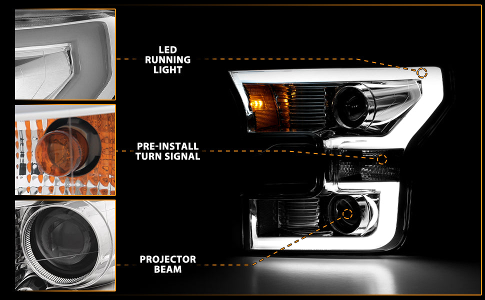 FORD F-150 15-17 PROJECTOR LIGHT BAR STYLE HEADLIGHTS CHROME CLEAR AMBER