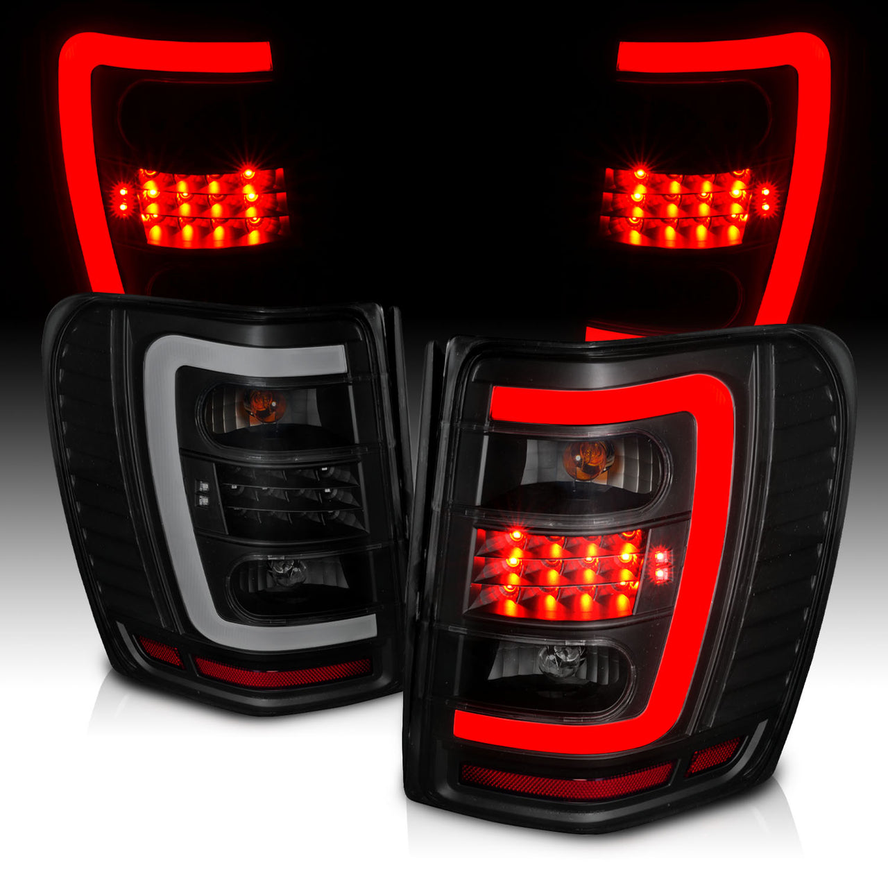 JEEP GRAND CHEROKEE 99-04 LED TAIL LIGHTS BLACK HOUSING SMOKE LENS W/ C LIGHT BAR