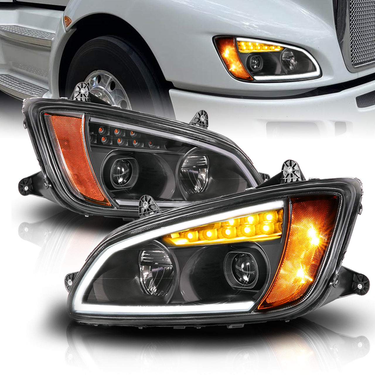 KENWORTH T-660 08-17 FULL LED PROJECTOR PLANK STYLE H.L BLACK AMBER REFLECTOR