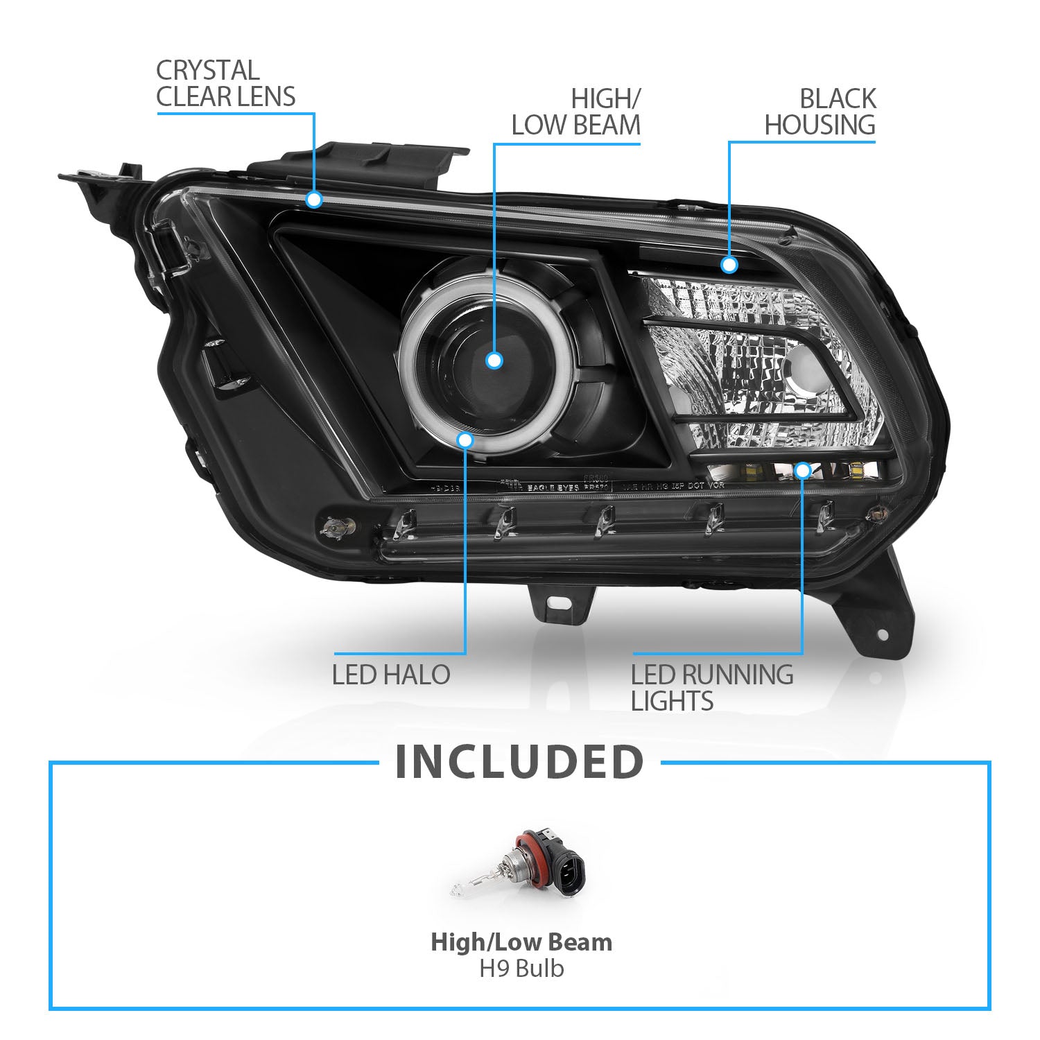 FORD MUSTANG 10-12 PROJECTOR HEADLIGHTS HALO BLACK CLEAR (RX HALO)