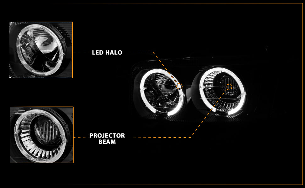 GMC SIERRA/SIERRA DENALI 99-07/SIERRA CLASSIC 2007/ YUKON/YUKON XL/YUKON DENALI 00-06 PROJECTOR HEADLIGHTS HALO BLACK CLEAR AMBER