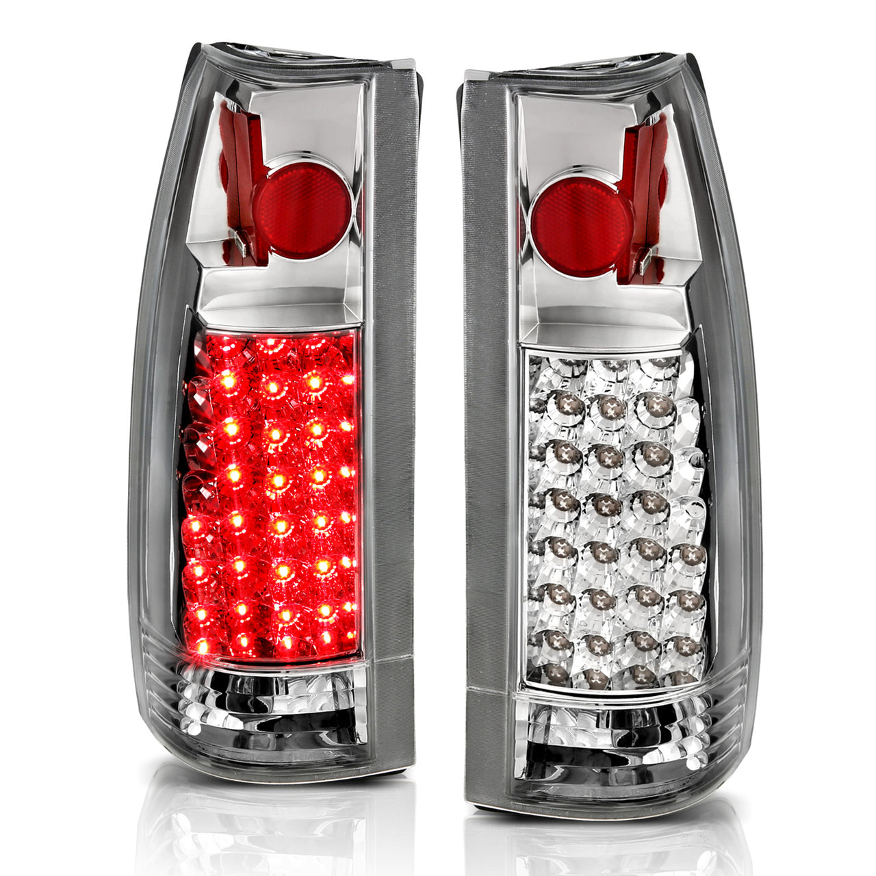 Chevy/GMC C/K 1500/2500/3500 88-99, SUBURBAN/YUKON 92-00, TAHOE 94-00, BLAZER 92-94, CADILLAC ESCALADE 99-00 LED TAIL LIGHTS CHROME HOUSING CLEAR LENS G2