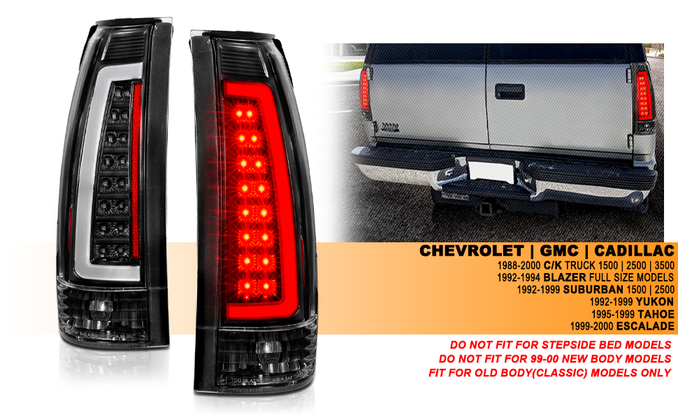 Chevy/GMC C/K 1500/2500/3500 88-99, SUBURBAN/YUKON 92-00, TAHOE 94-00, BLAZER 92-94, CADILLAC ESCALADE 99-00 LED C-BAR TAIL LIGHTS BLACK HOUSING CLEAR LENS