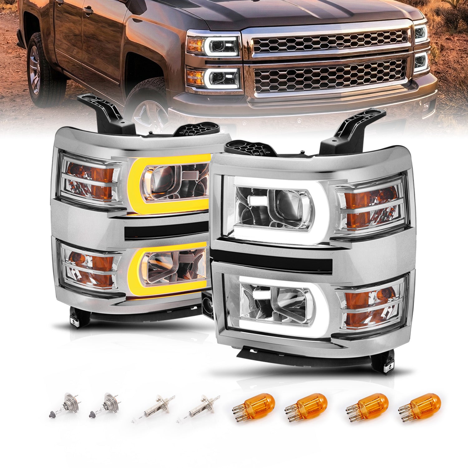 CHEVY SILVERADO 14-15 PROJECTOR SWITCHBACK HEADLIGHTS CHROME AMBER