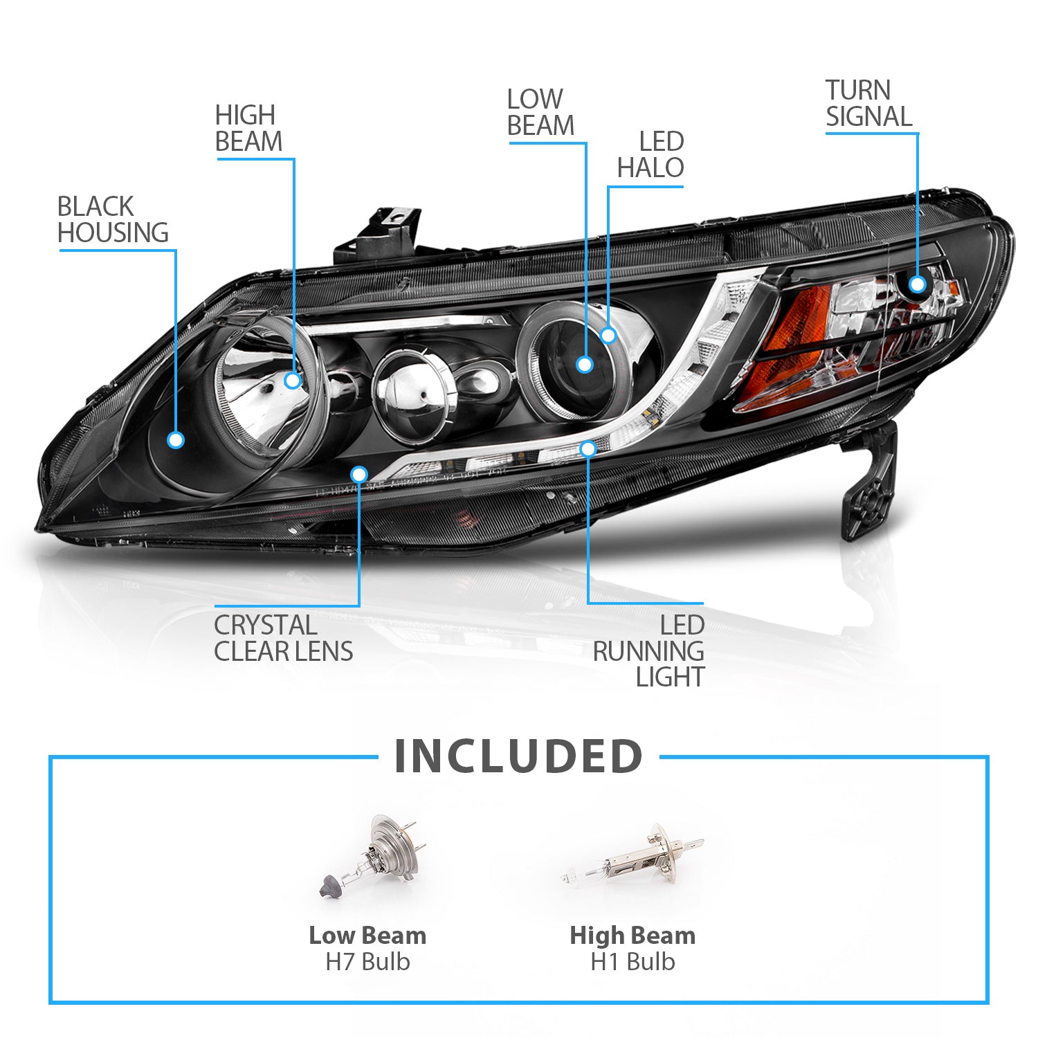 HONDA CIVIC 06-11 4DR/HYBRID PROJECTOR HEADLIGHTS HALO BLACK CLEAR AMBER (RX HALO)