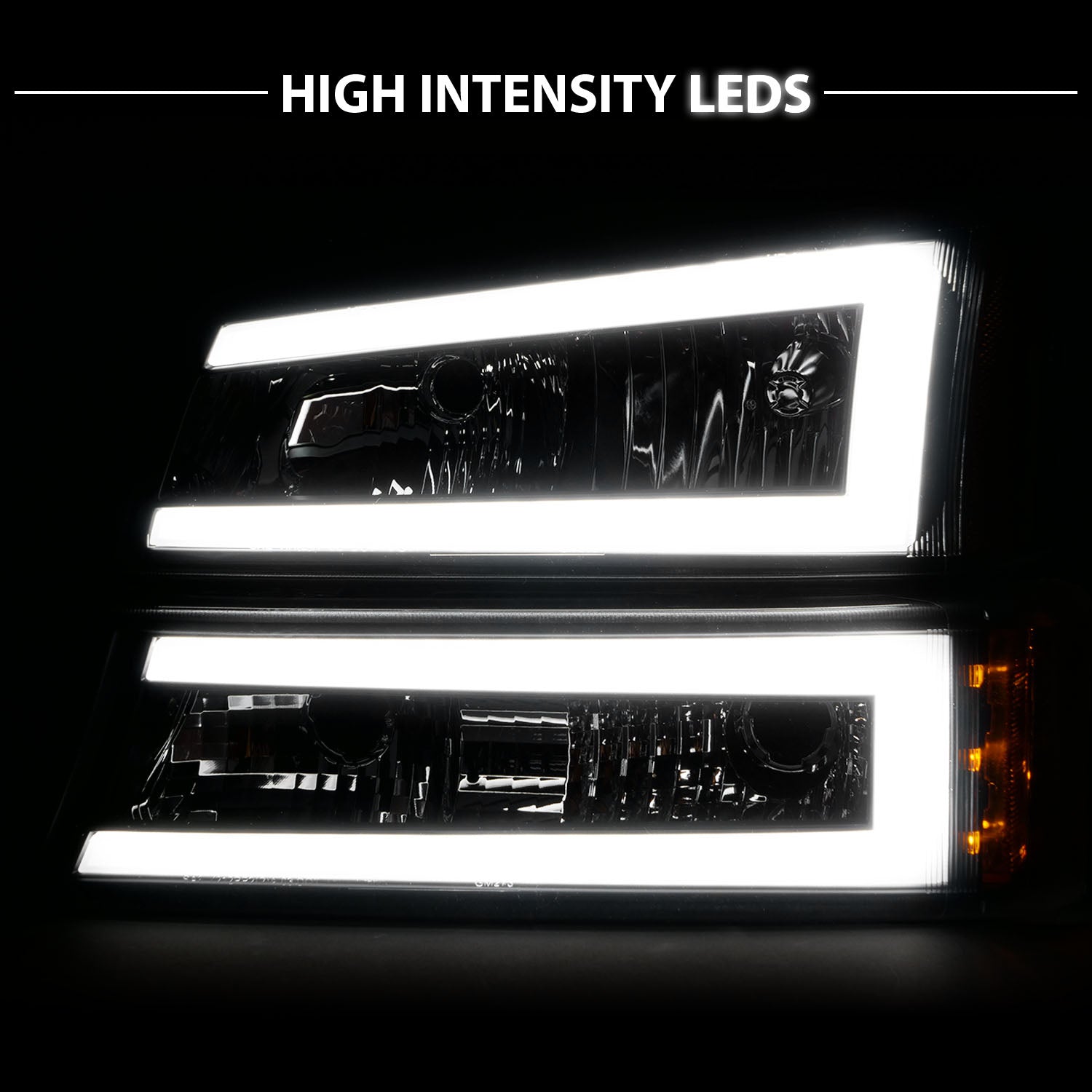CHEVY SILVERADO 03-07/ AVALANCHE 02-06 HEADLIGHTS W/ SIGNAL LIGHT BLACK HOUSING AMBER (4 PCS) (W/ C LIGHT BAR) W/O BODY CLADDING