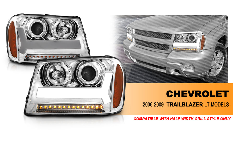CHEVY TRAILBLAZER LT 06-09 / LS 08 PROJECTOR LIGHT BAR STYLE HEADLIGHTS CHROME AMBER