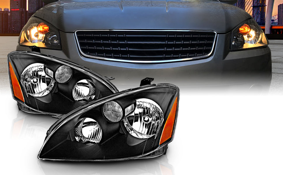 NISSAN ALTIMA 02-04 HEADLIGHTS CRYSTAL BLACK AMBER