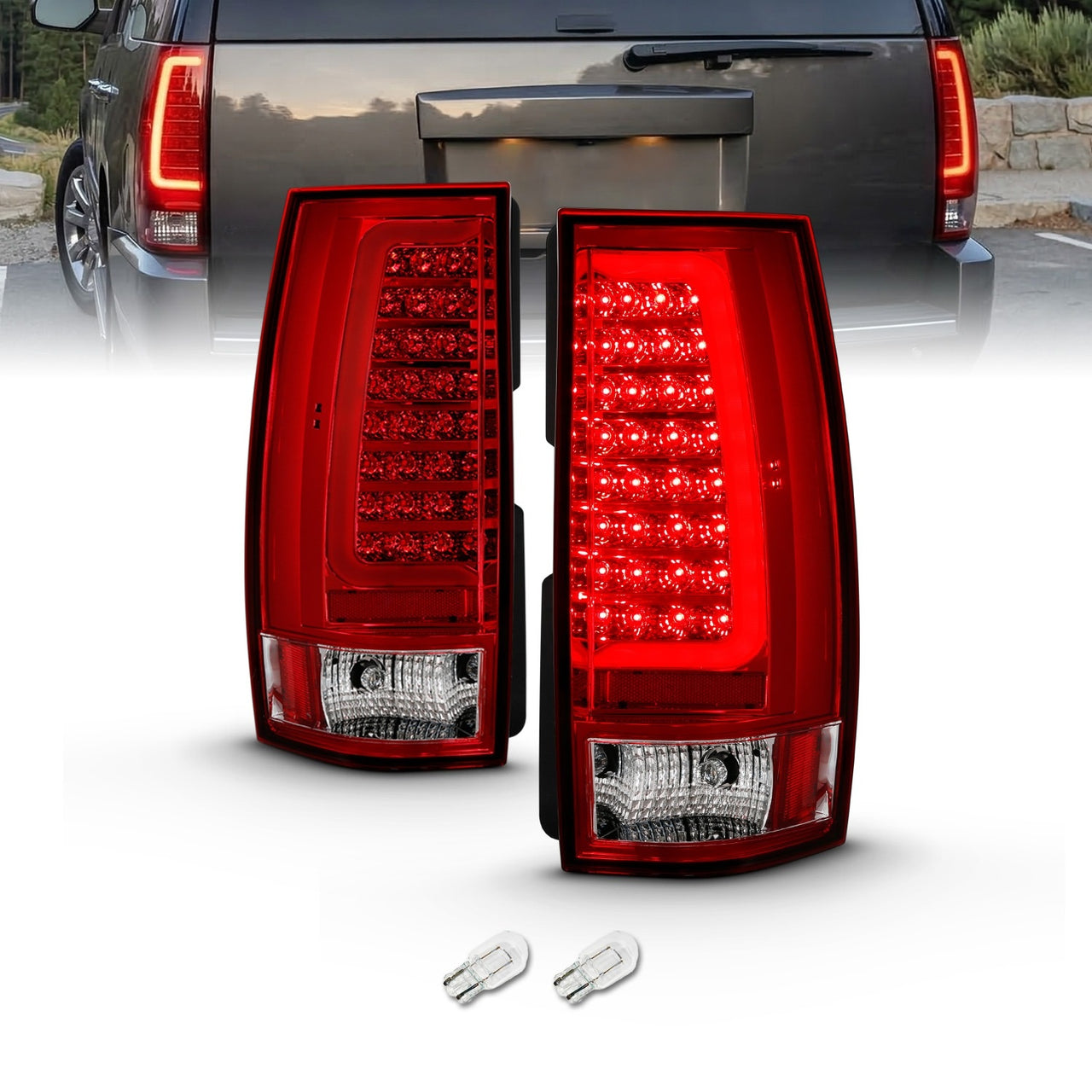 CHEVY TAHOE/SUBURBAN 07-14 LED TAIL LIGHTS RED/CLEAR W/ C LIGHT BAR