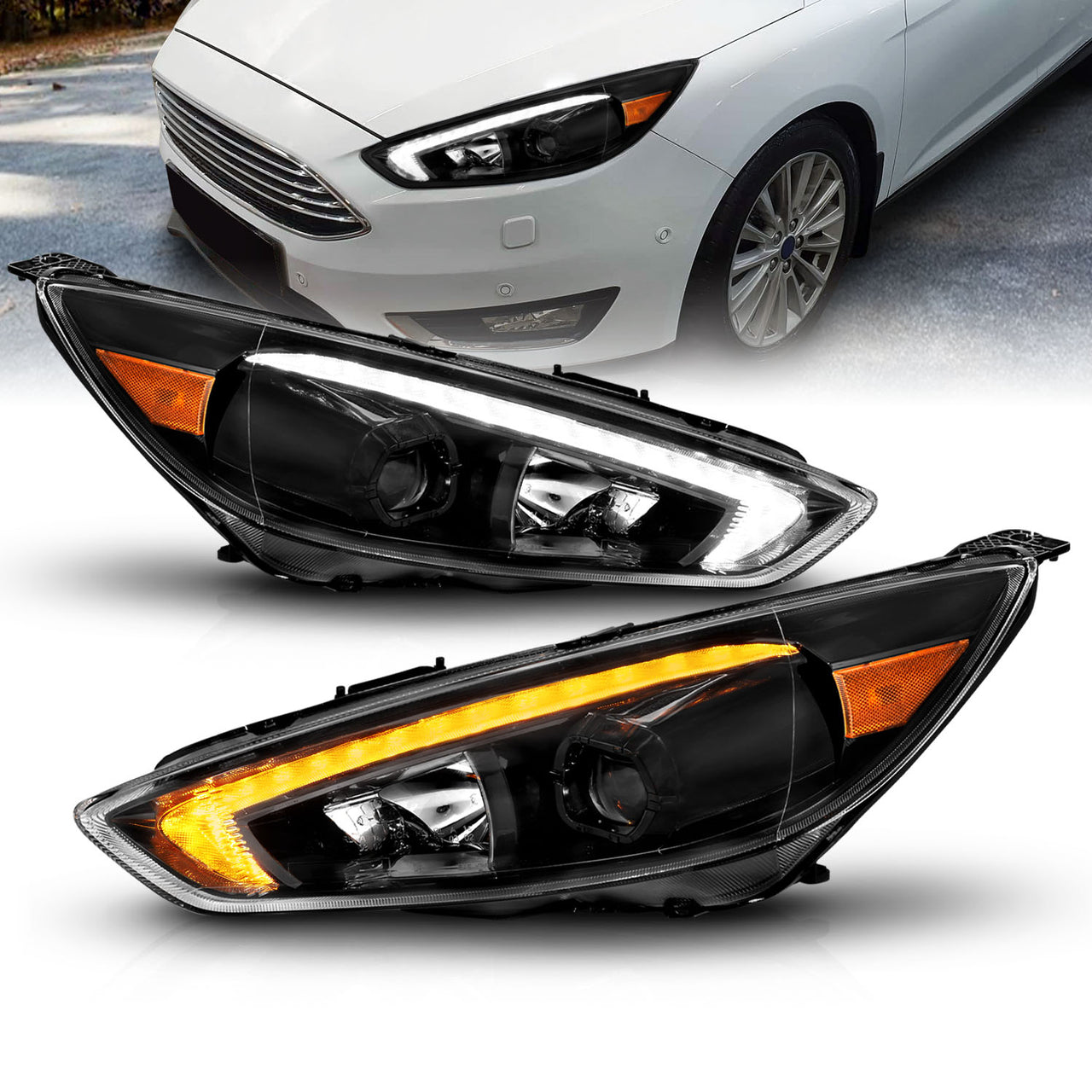 FORD FOCUS 15-18 PROJECTOR SWITCHBACK HEADLIGHTS BLACK AMBER W/DRL (FIT FOR HALOGEN VERSION)
