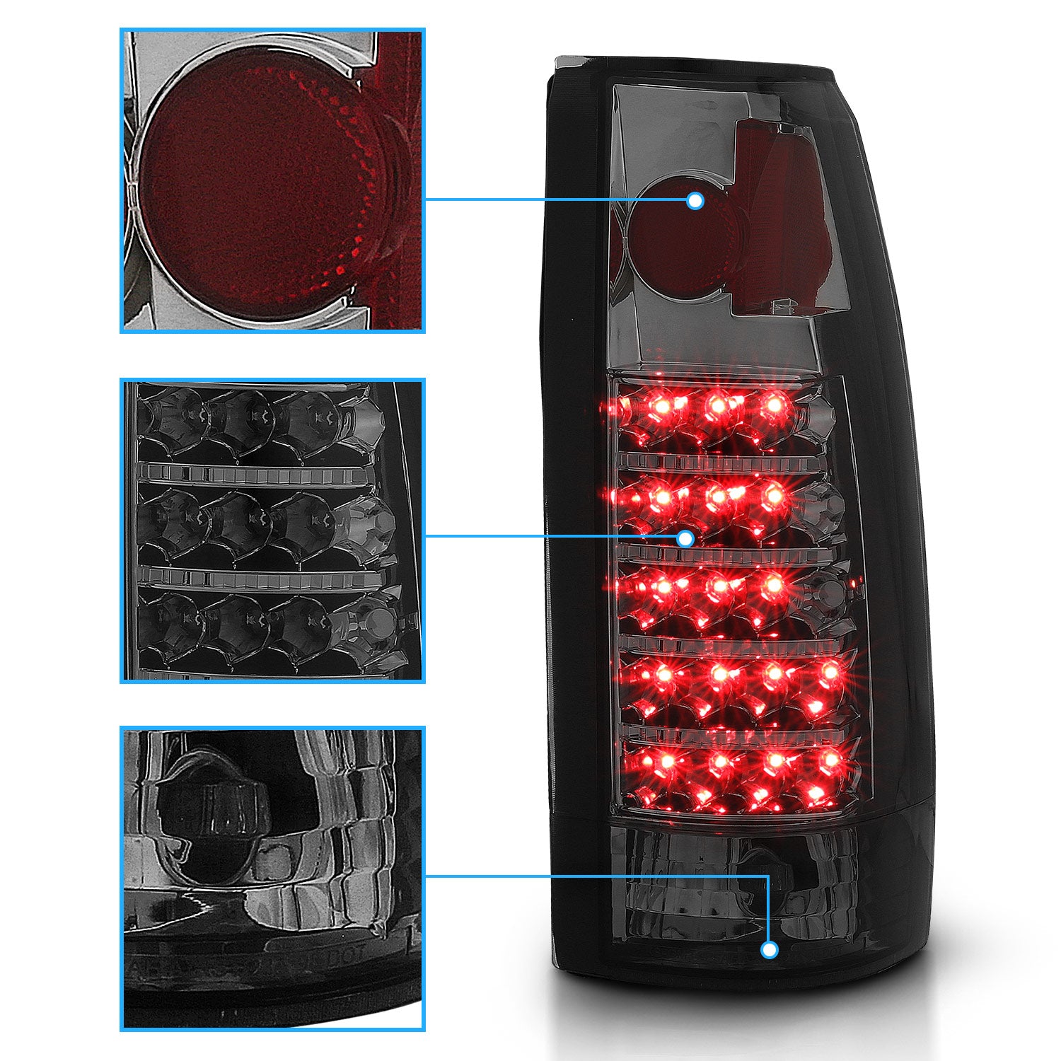 Chevy/GMC C/K 1500/2500/3500 88-99, SUBURBAN/YUKON 92-00, TAHOE 94-00, BLAZER 92-94, CADILLAC ESCALADE 99-00 LED TAIL LIGHTS SMOKE LENS