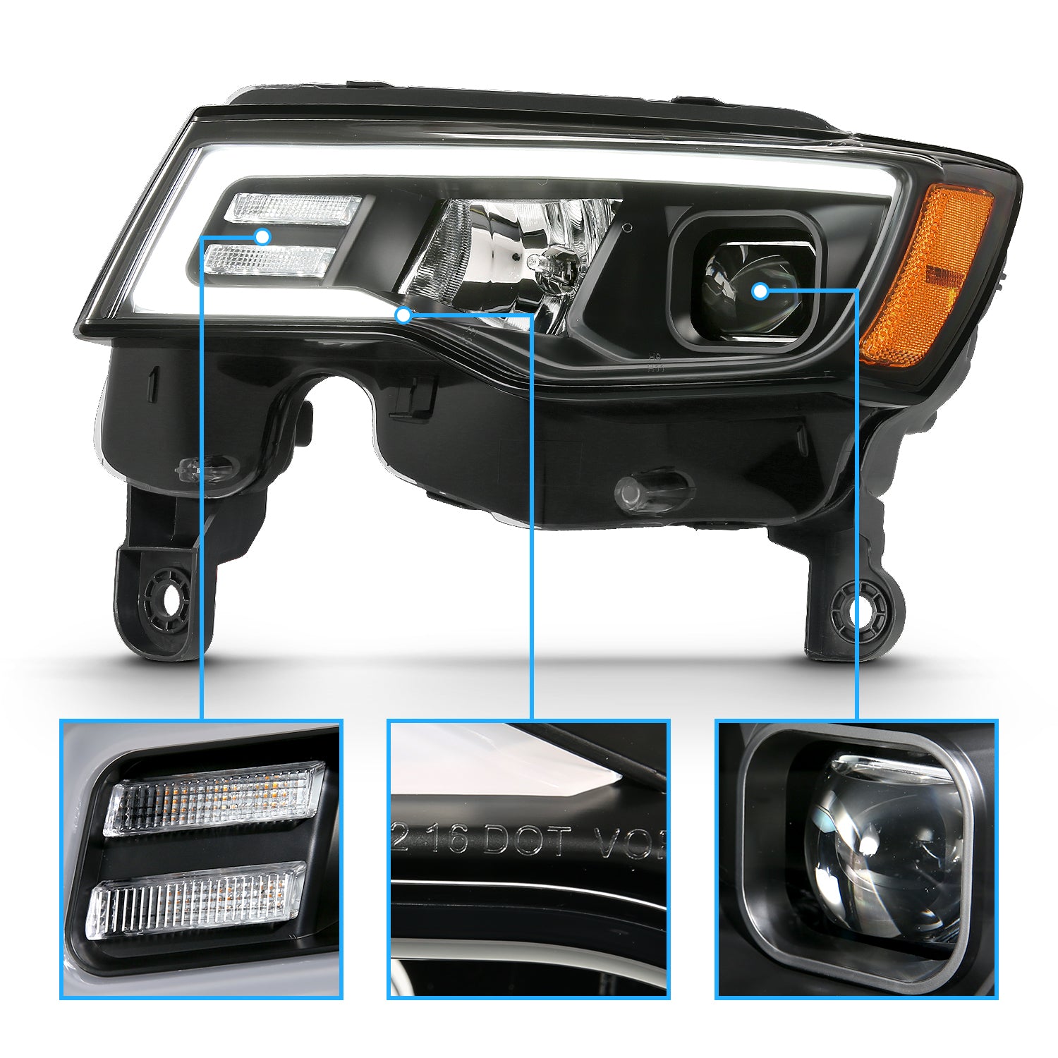JEEP GRAND CHEROKEE 17-18 PROJECTOR LIGHT BAR STYLE SWITCHBACK HEADLIGHTS BLACK AMBER