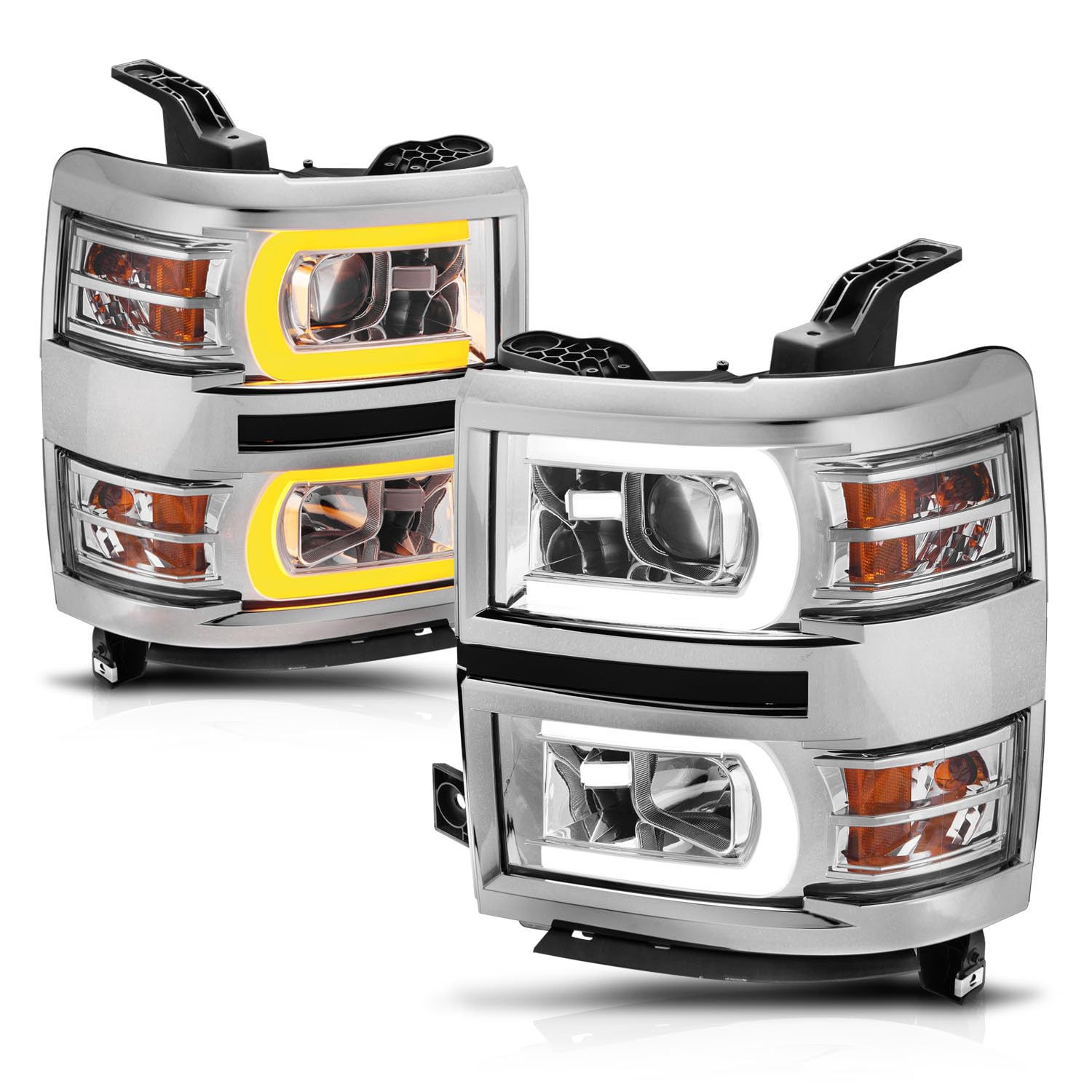 CHEVY SILVERADO 14-15 PROJECTOR SWITCHBACK HEADLIGHTS CHROME AMBER