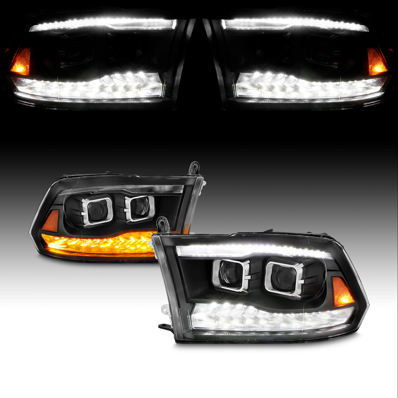 DODGE RAM R1500 09-20/10-20 R2500/R3500 (CODE LMA) (W/O QUAD LAMP) DG RAM SPORT 13-20 PROJECTOR SWITCHBACK HEADLIGHTS BLACK AMBER