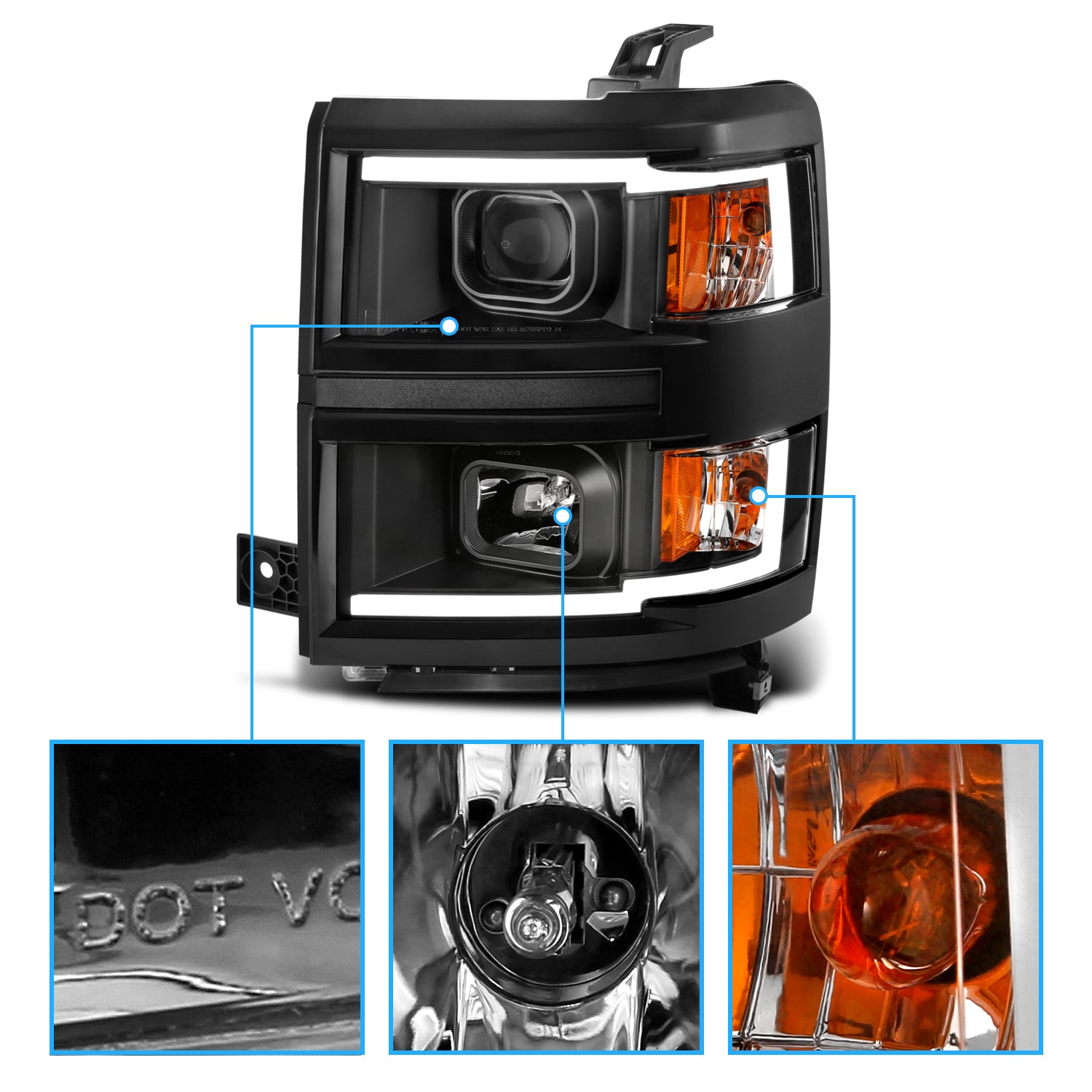 CHEVY SILVERADO 14 PROJECTOR LIGHT BAR STYLE HEADLIGHTS BLACK AMBER