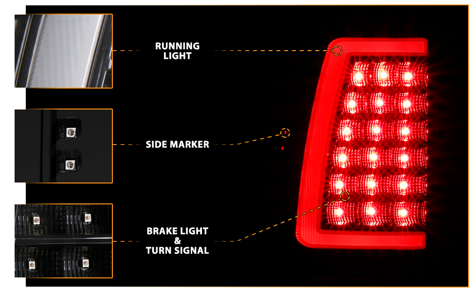GMC SIERRA 99-07/CHEVY SILVERADO 99-03 (1500/2500 SERIES 99-02 & 3500 SERIES 2003) LED TAIL LIGHTS BLACK HOUSING CLEAR LENS  W/ C LIGHT BAR (3 HOLE)