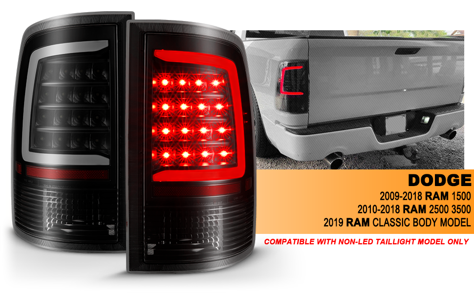 DODGE RAM 1500 09-18/ 2500 3500 10-18 LED TAIL LIGHTS BLACK HOUSING SMOKE LENS W/ C LIGHT BAR (NOT COMPATIBLE W/ ORIGINAL LED VERSION)