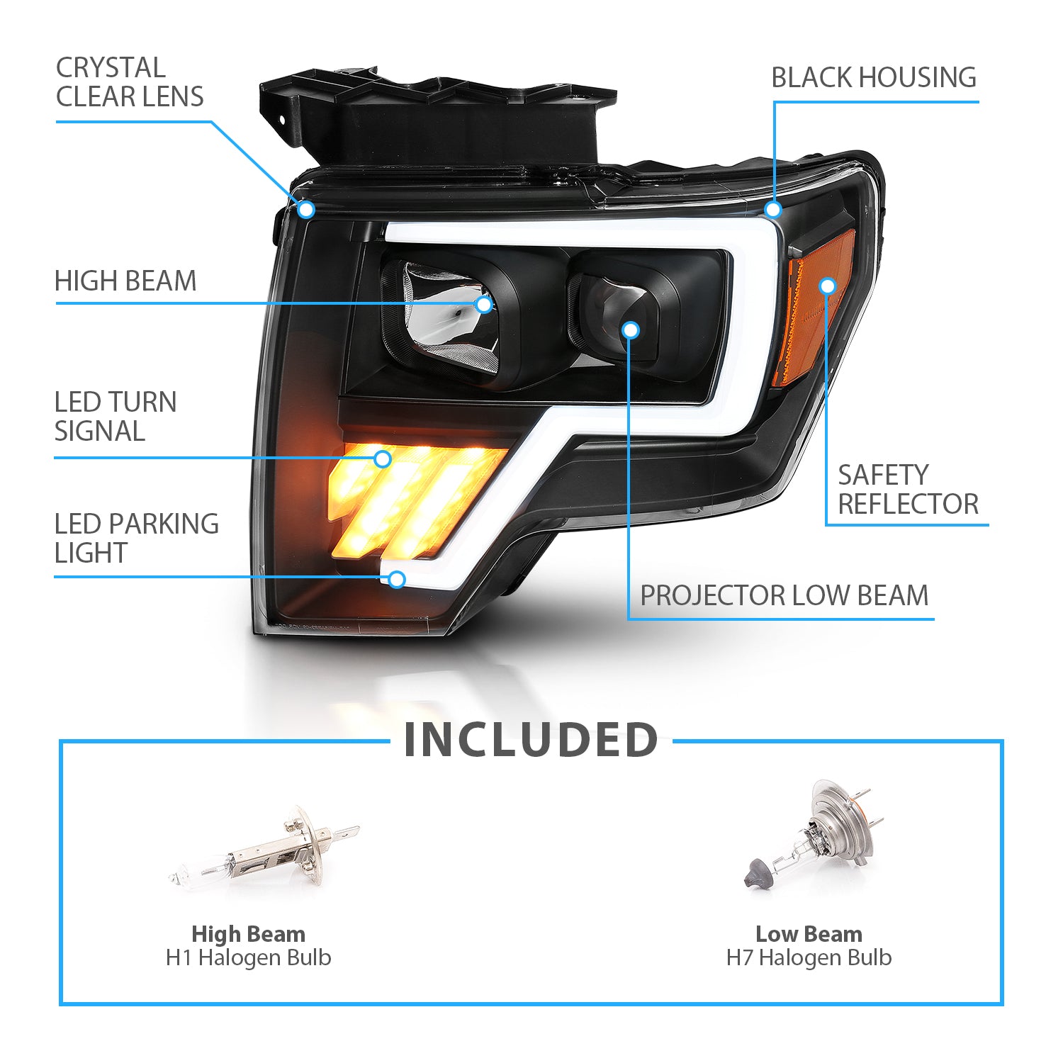 FORD F-150 09-13 PROJECTOR LIGHT BAR STYLE G4 HEADLIGHTS BLACK AMBER