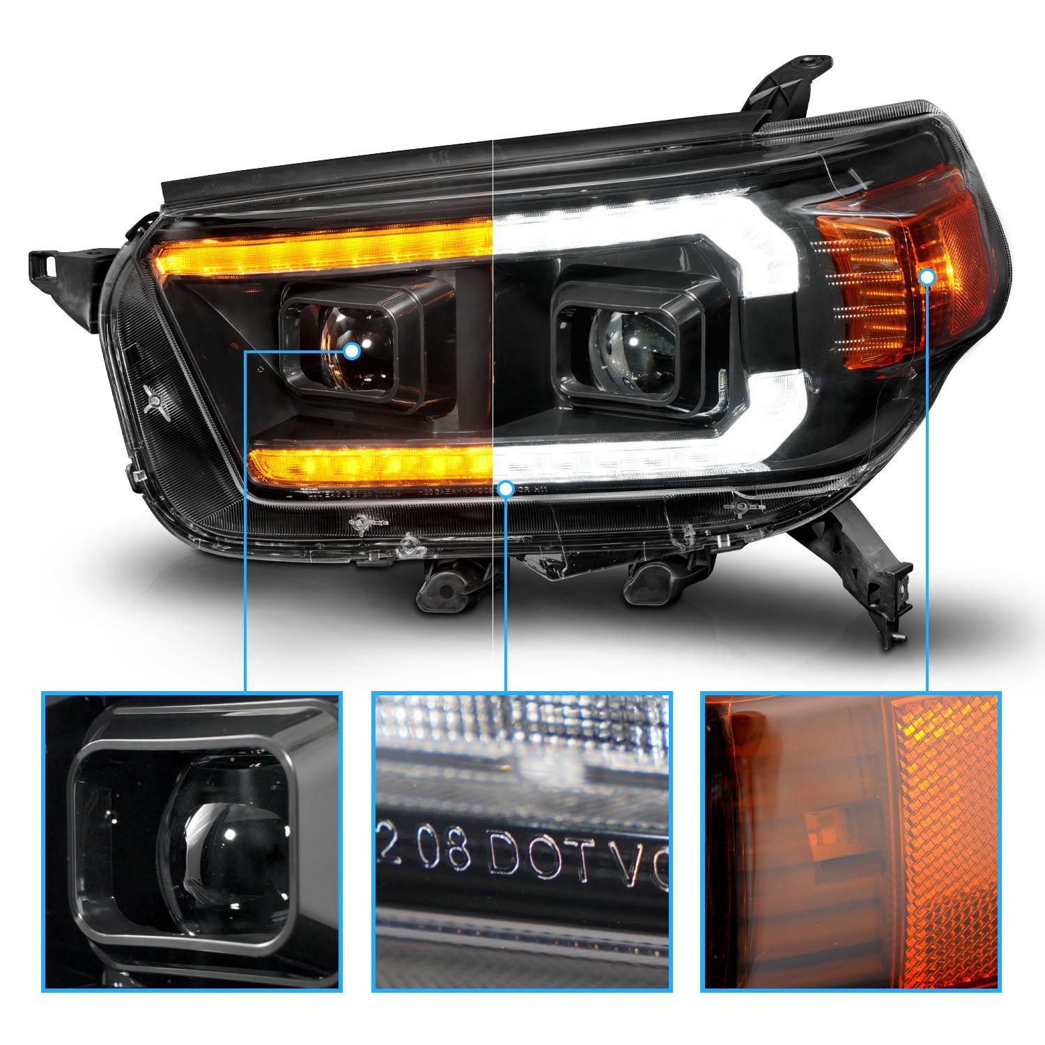 TOYOTA 4 RUNNER 10-13 HEAD LIGHTS BLACK HOUSING CLEAR LENS SEQUENTIAL LIGHT BAR W/DRL