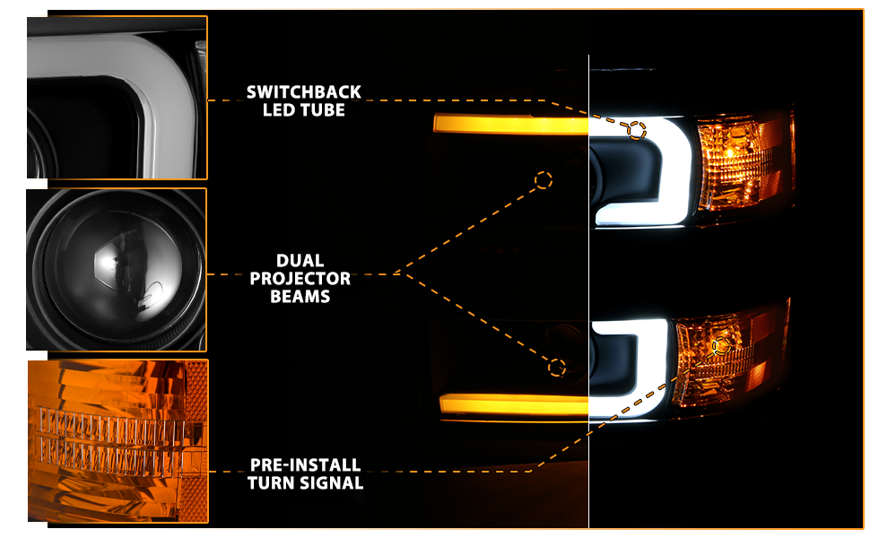 CHEVY SILVERADO 2500HD/3500HD 15-17 PROJECTOR LIGHT BAR STYLE SWITCHBACK HEADLIGHTS BLACK AMBER (CHROME RIM)