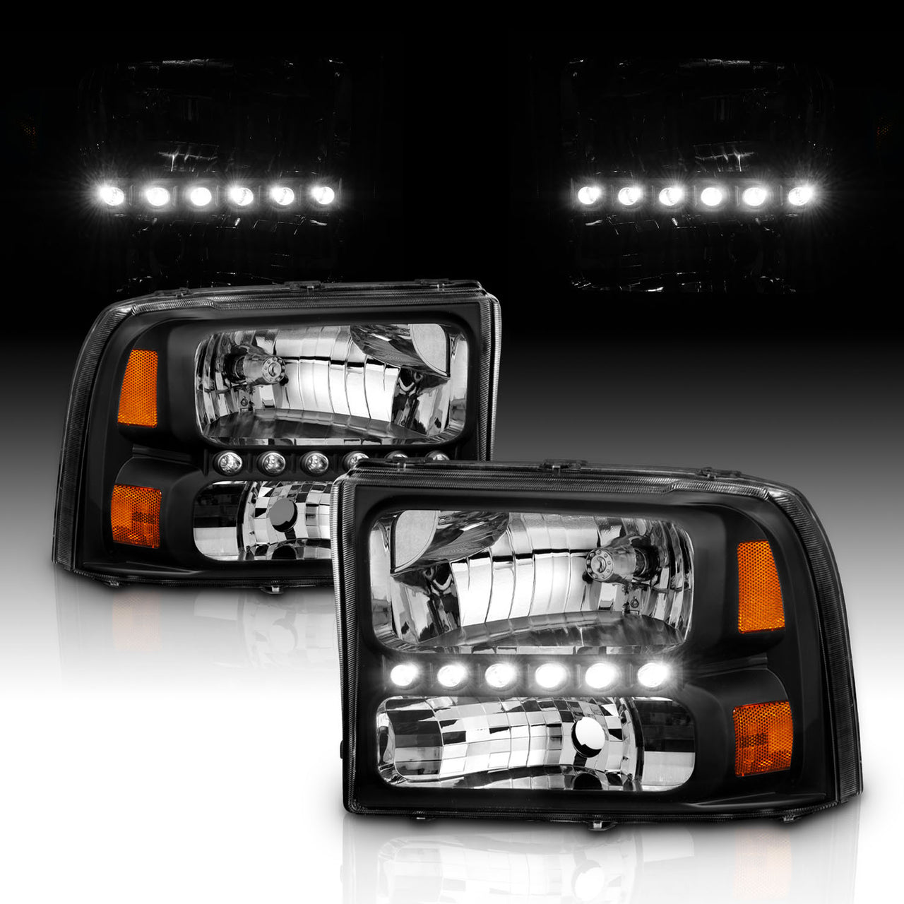 FORD EXCURSION 00-04/SUPER DUTY 99-04 HEADLIGHTS BLACK 1PC AMBER (W/ LED)
