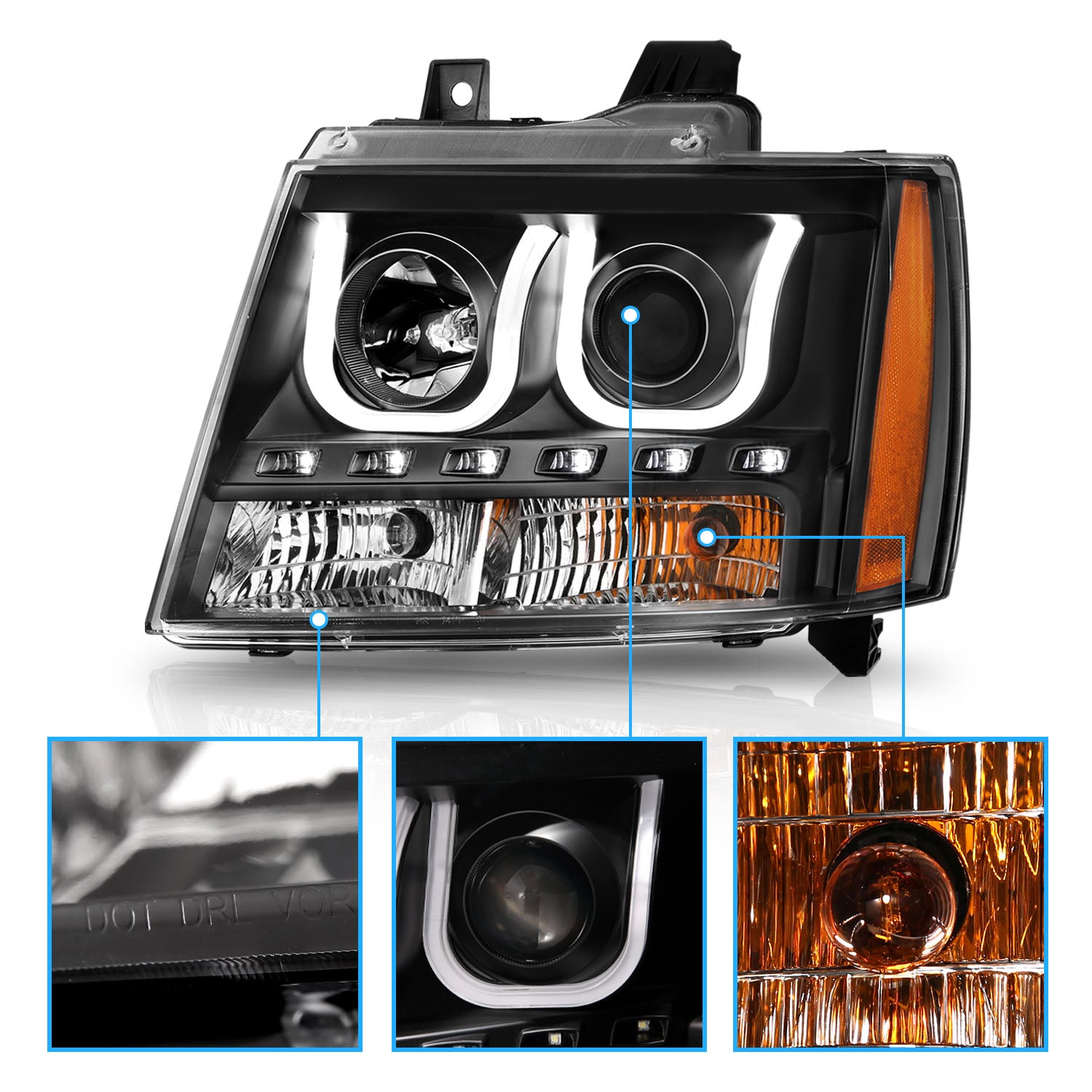 CHEVY TAHOE/SUBURBAN/AVALANCHE 07-13/TAHOE HYBRID 08-13 PROJECTOR U-BAR STYLE HEADLIGHTS BLACK  AMBER