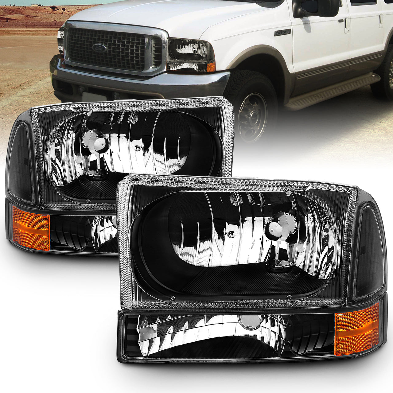 FORD EXCURSION 00-04/SUPER DUTY 99-04 HEADLIGHTS W/ CORNER LIGHTS BLACK AMBER (W/O BULB)