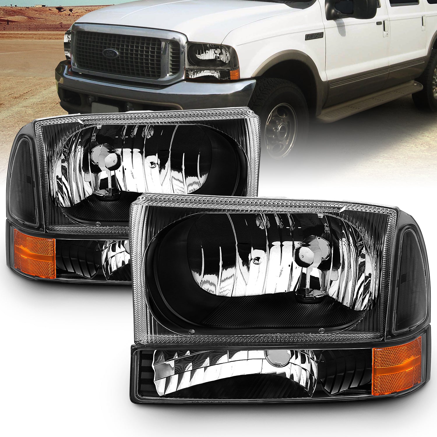 FORD EXCURSION 00-04/SUPER DUTY 99-04 HEADLIGHTS W/ CORNER LIGHTS BLACK AMBER (W/O BULB)