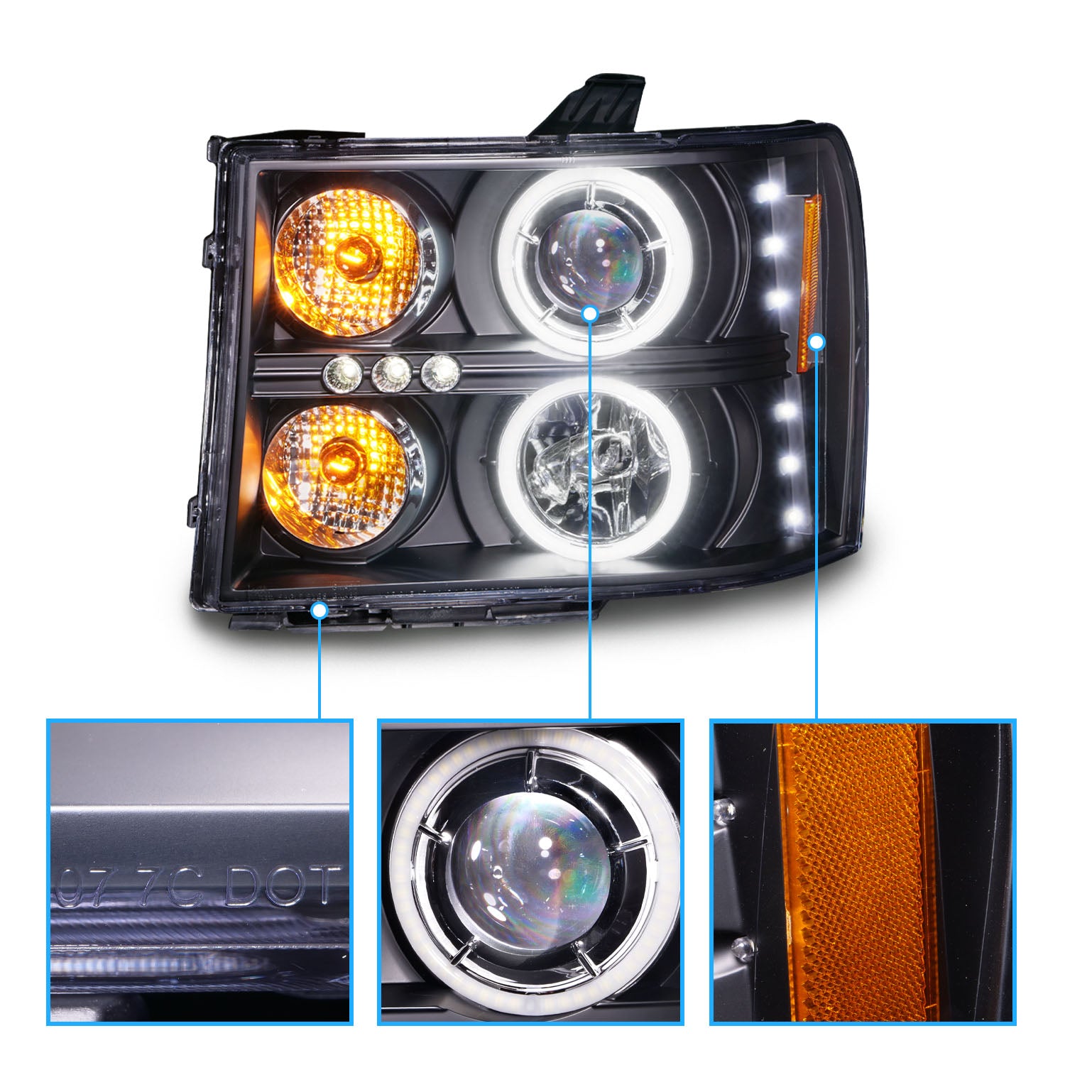 GMC SIERRA 07-13 PROJECTOR HEADLIGHTS HALO BLACK CLEAR AMBER (RX HALO)