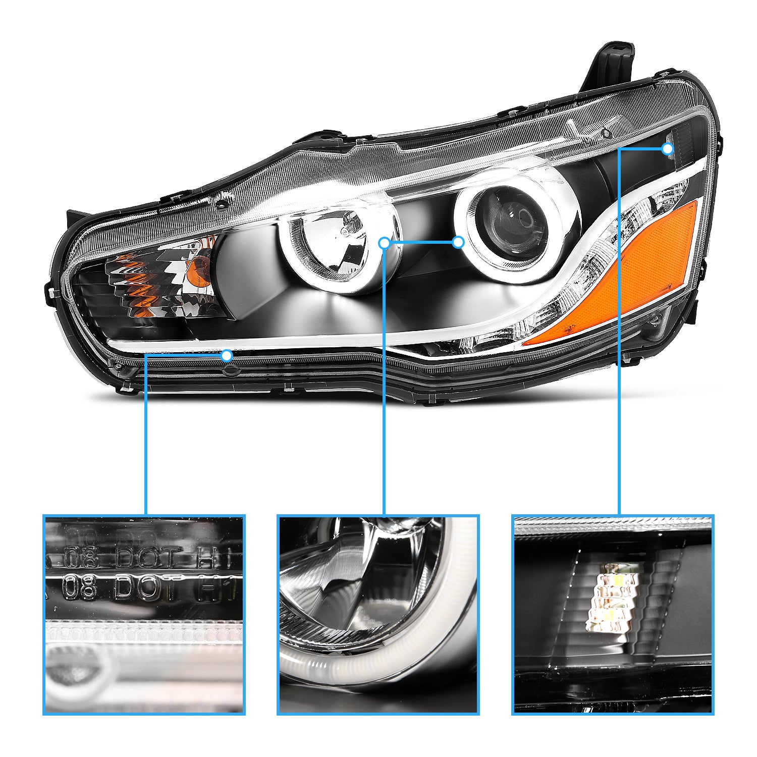 MITSUBISHI LANCER 08-15 PROJECTOR HEADLIGHTS HALO BLACK CLEAR AMBER (RX HALO)
